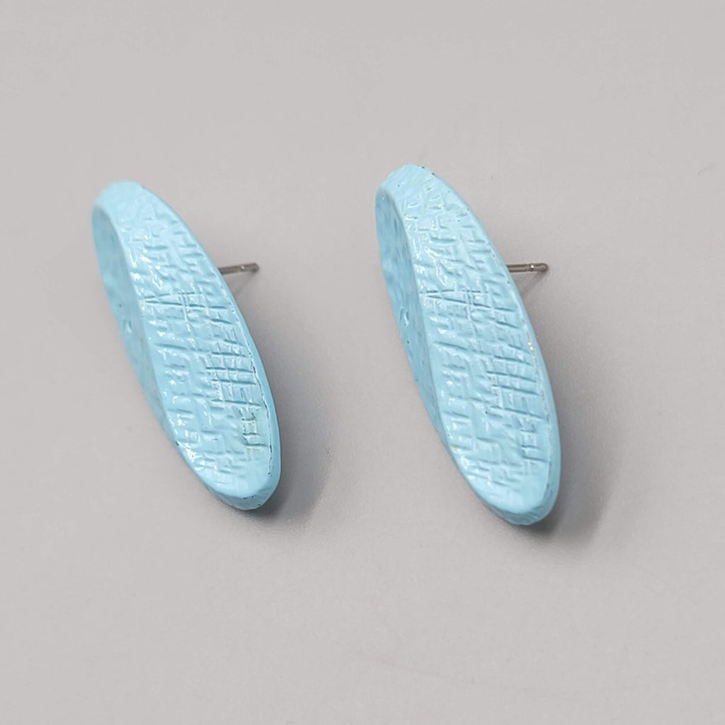 Vintage Light Blue Enamel Pierced Earrings Textured Oval Drop 1.25"