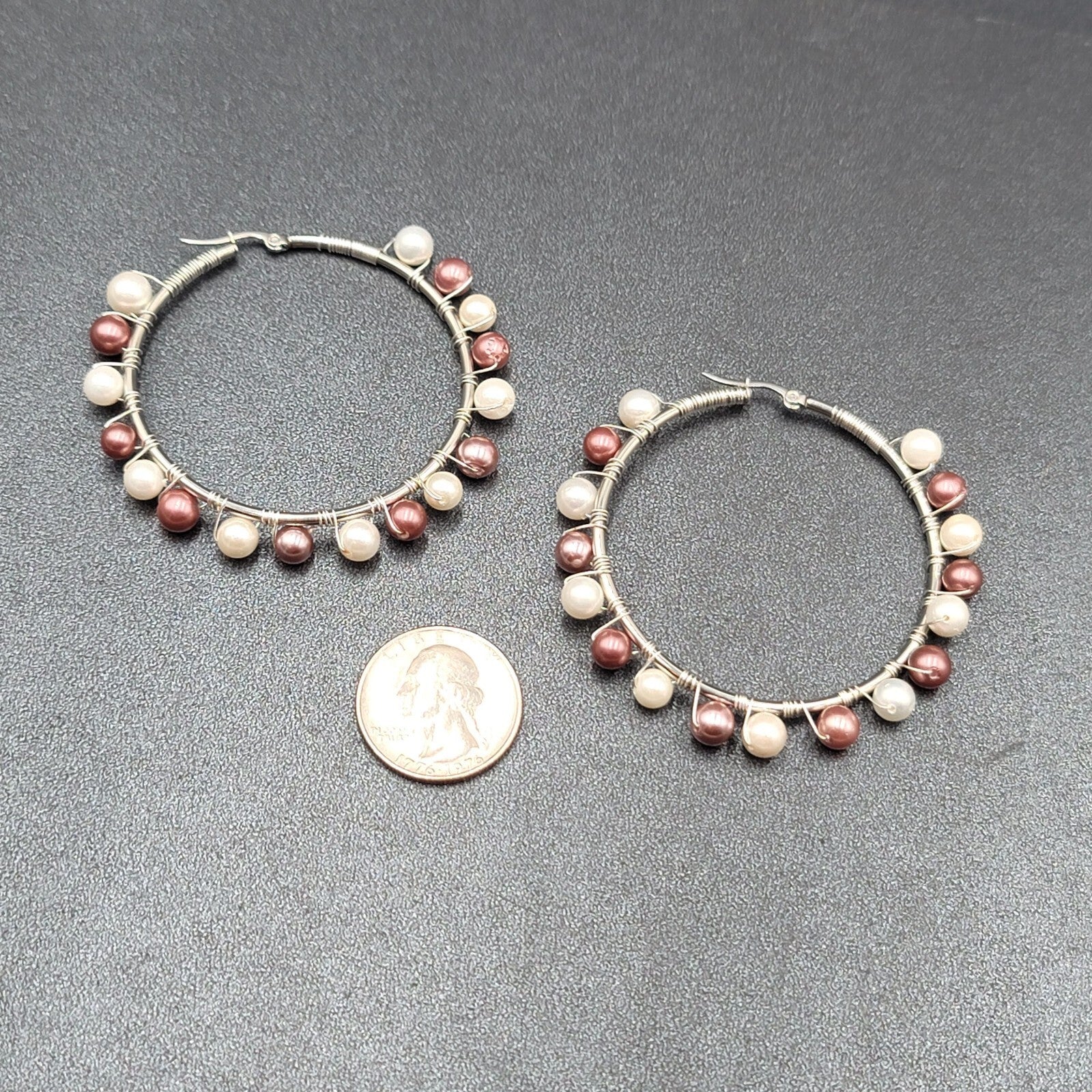 Pierced Earrings Silver tone Purple White Beaded Large Hoops 2.25"