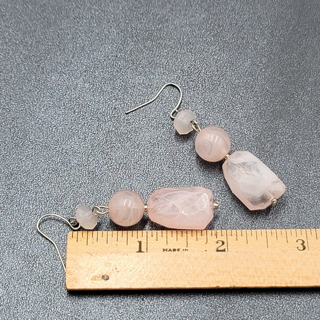 Pierced Earrings Silver tone Acrylic Marbled Pink Beads Dangle 2"