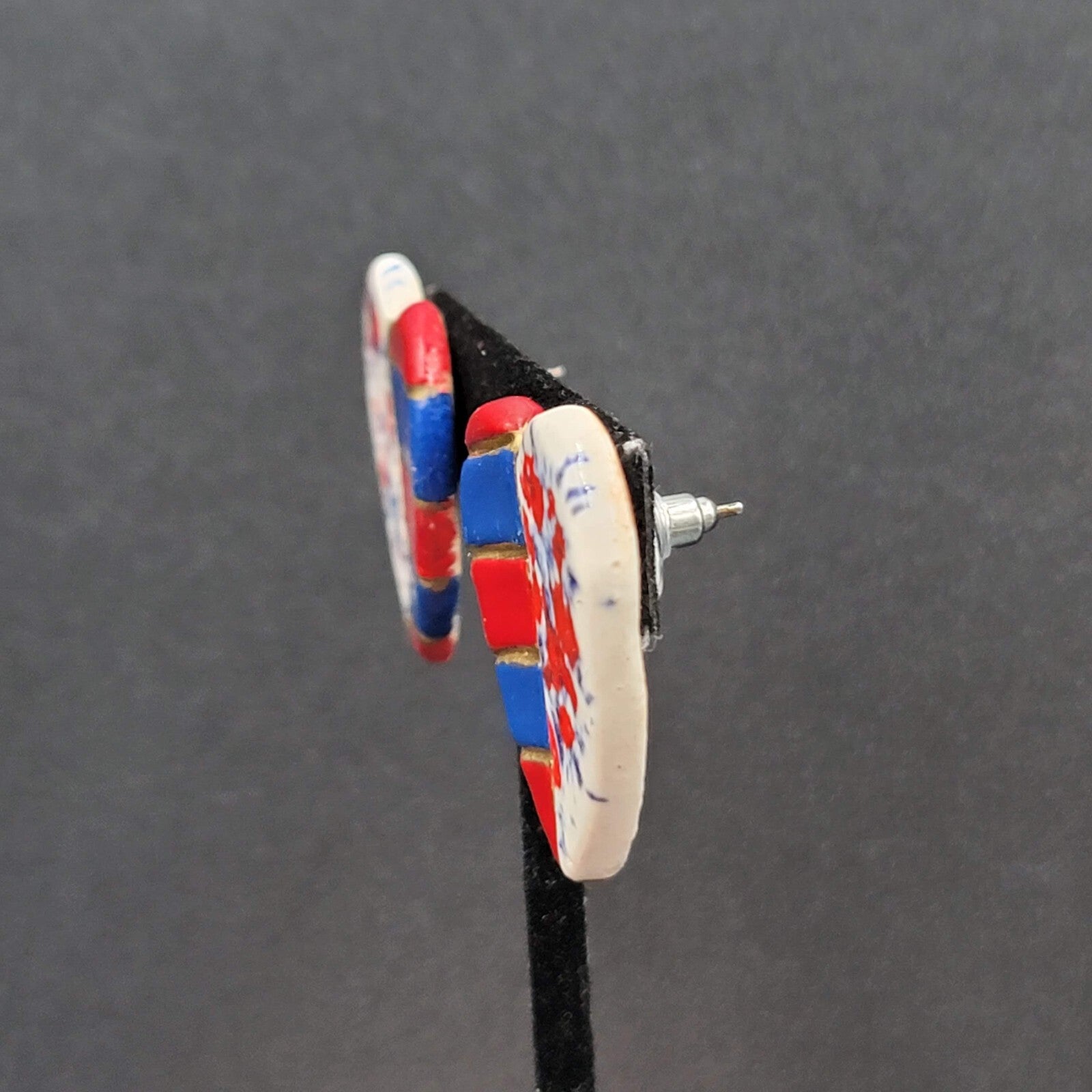 Vtg Heart Pierced Earrings Ceramic Hand Painted Patriotic Red White Blue 1.25"