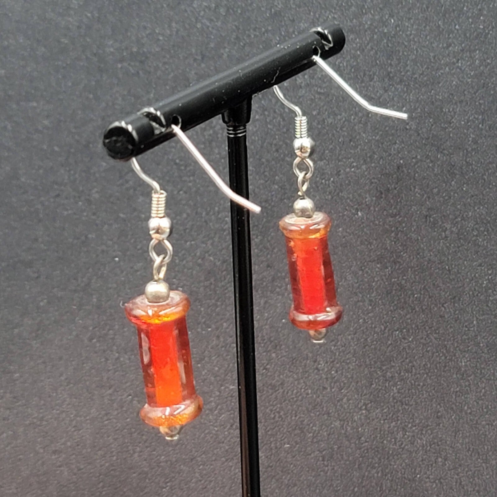 Pierced Earrings Red Cylinder Glass Bead Silver tone Dangle 1"