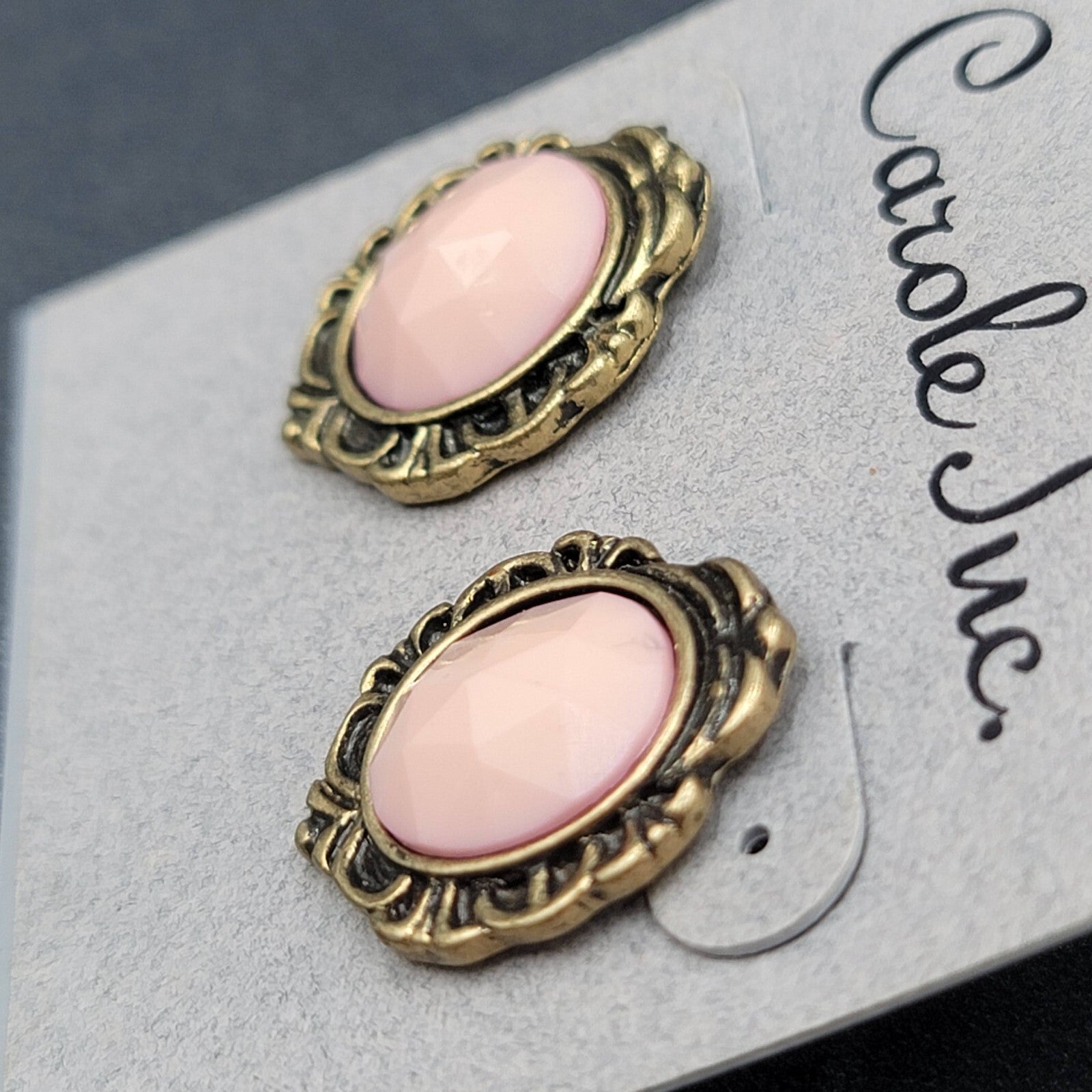 VintageCarol Inc  Pierced Earrings Gold tone Pink Faceted Oval Drop 3/4"