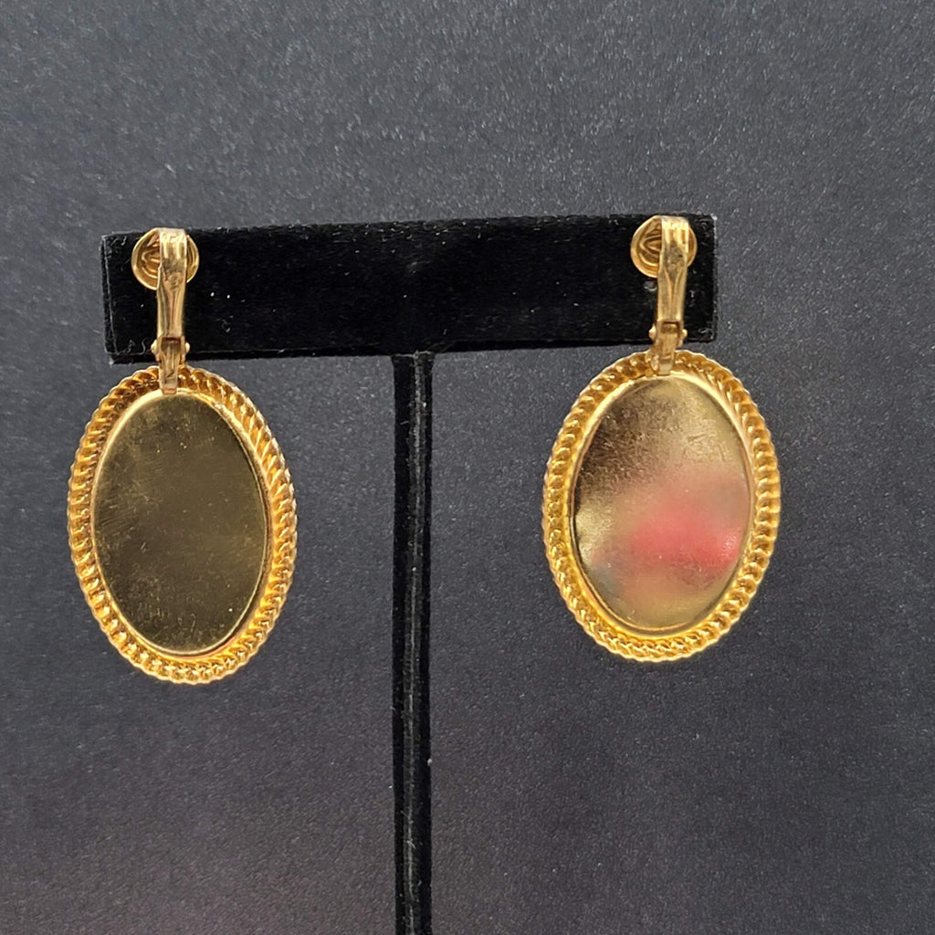 Vintage Clip on Earrings Gold tone Cream White Enamel Oval Dangle 1.5"