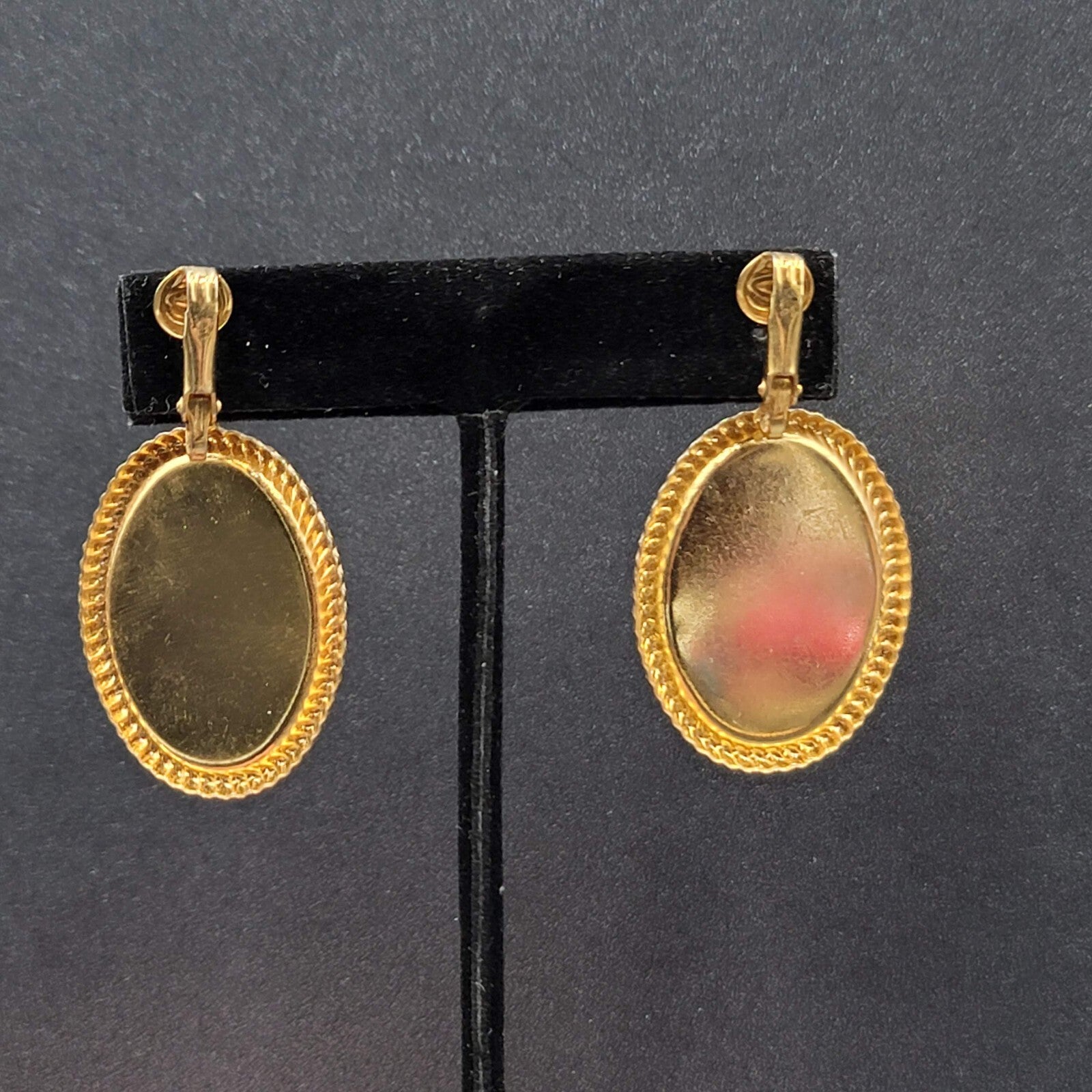 Vintage Clip on Earrings Gold tone Cream White Enamel Oval Dangle 1.5"