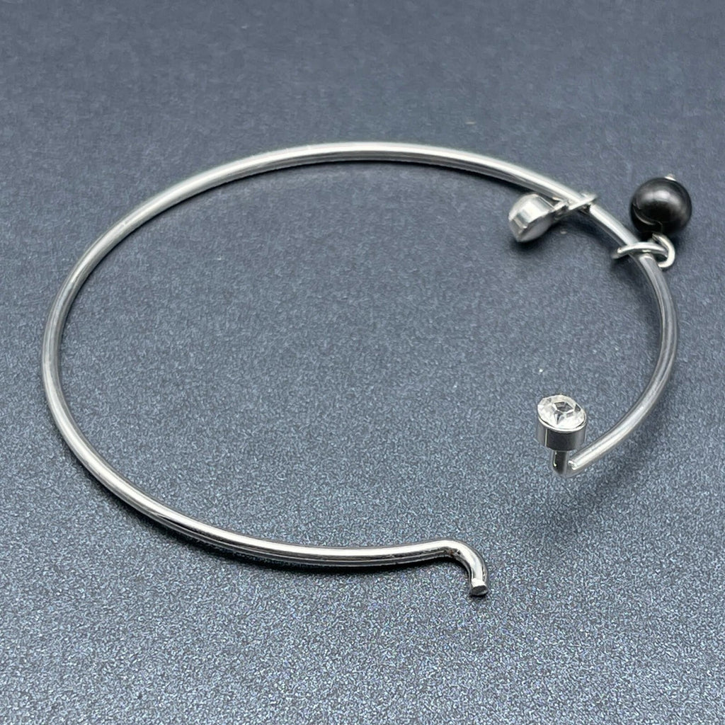 Silver tone Bangle Charm Bracelet Black Bead Charm Rhinestone 2 1/2"