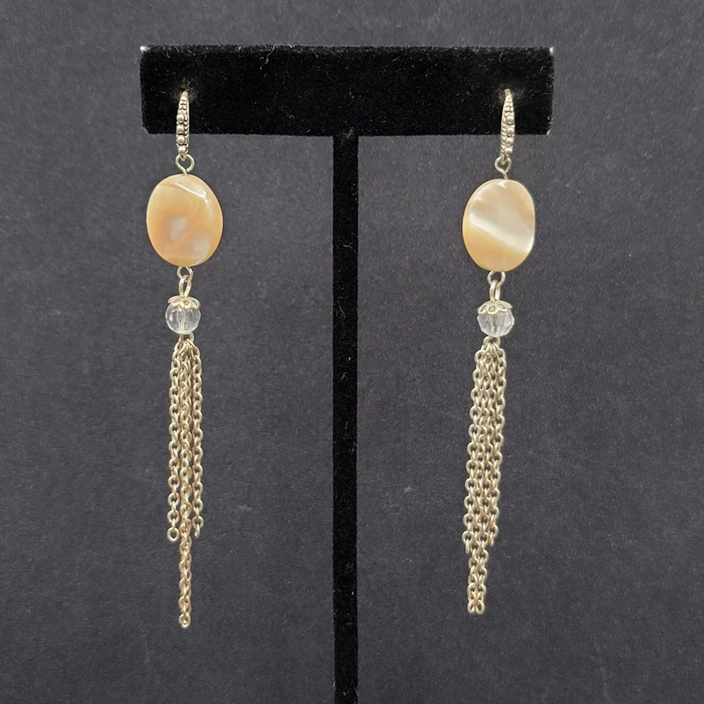 Pierced Earrings Silver tone Mother of Pearl Disc Dangle Chains 3.5"