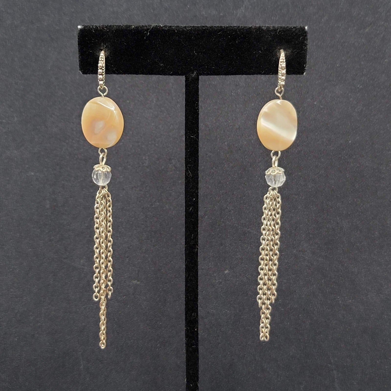 Pierced Earrings Silver tone Mother of Pearl Disc Dangle Chains 3.5"