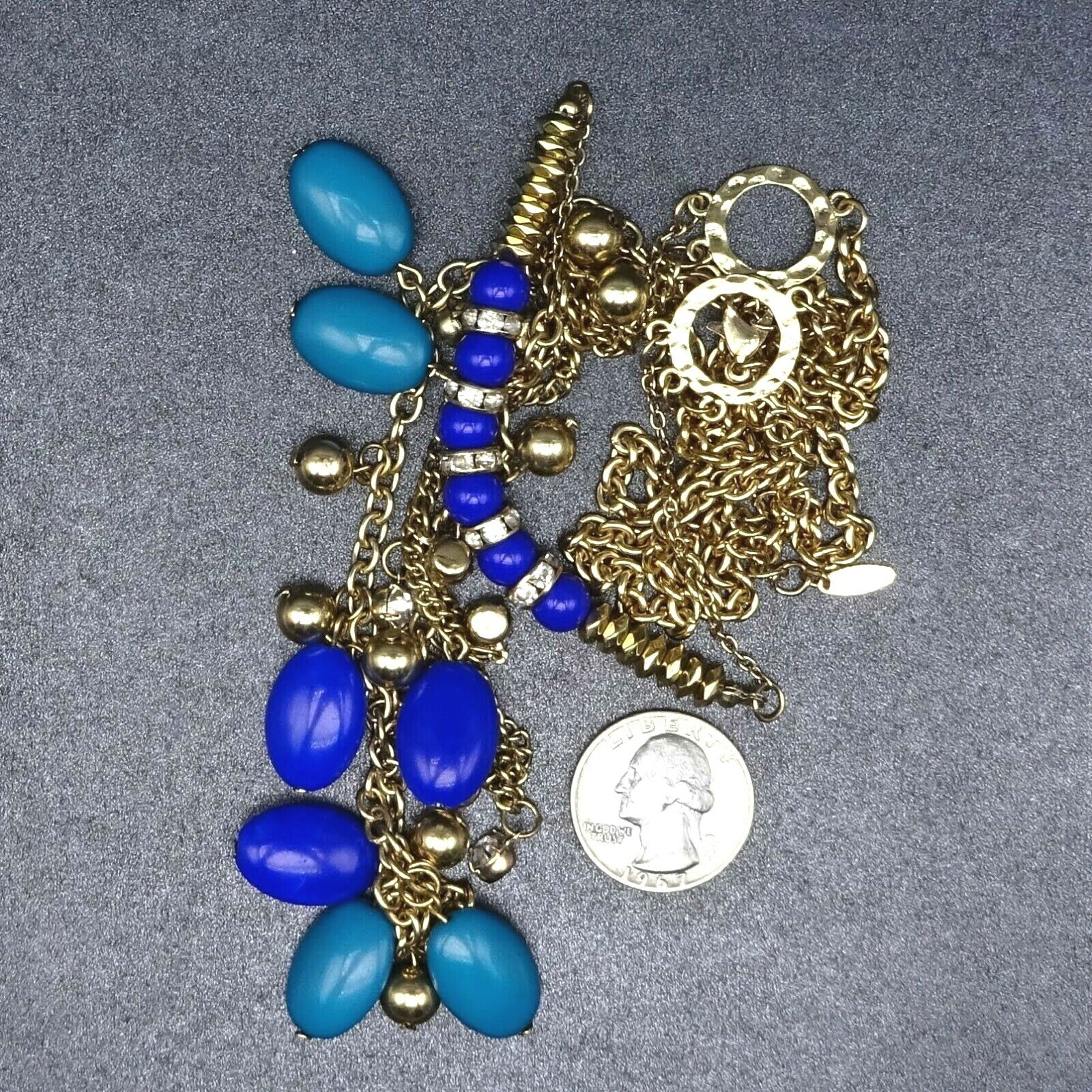 Signed VCLM Necklace Gold tone Multi Layer Blue Bead Chain Long 28" - 31"