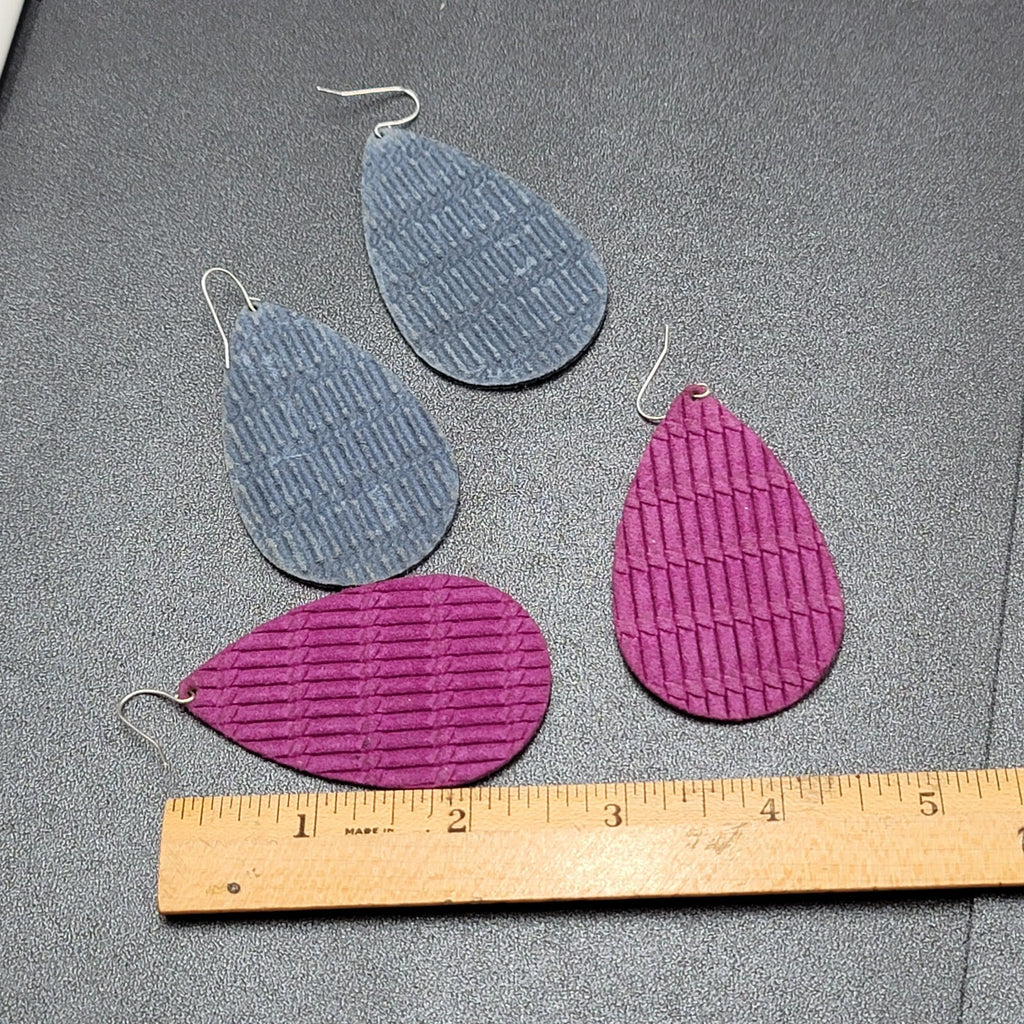 Pierced Earrings Purple Blue Teardrop Fabric Dangle 2.5"