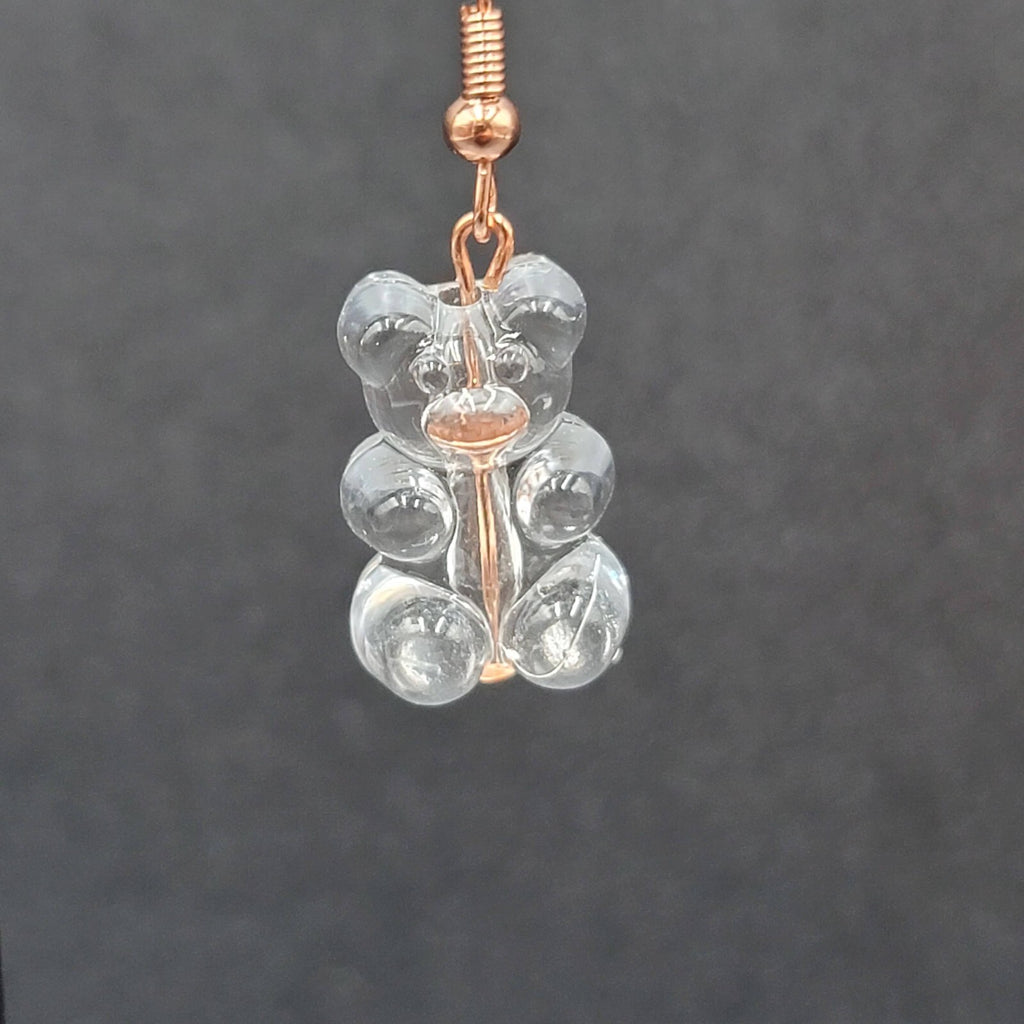 New Clear Gummy Bear Pierced Earrings Rose Gold tone Hooks Dangle 3/4"