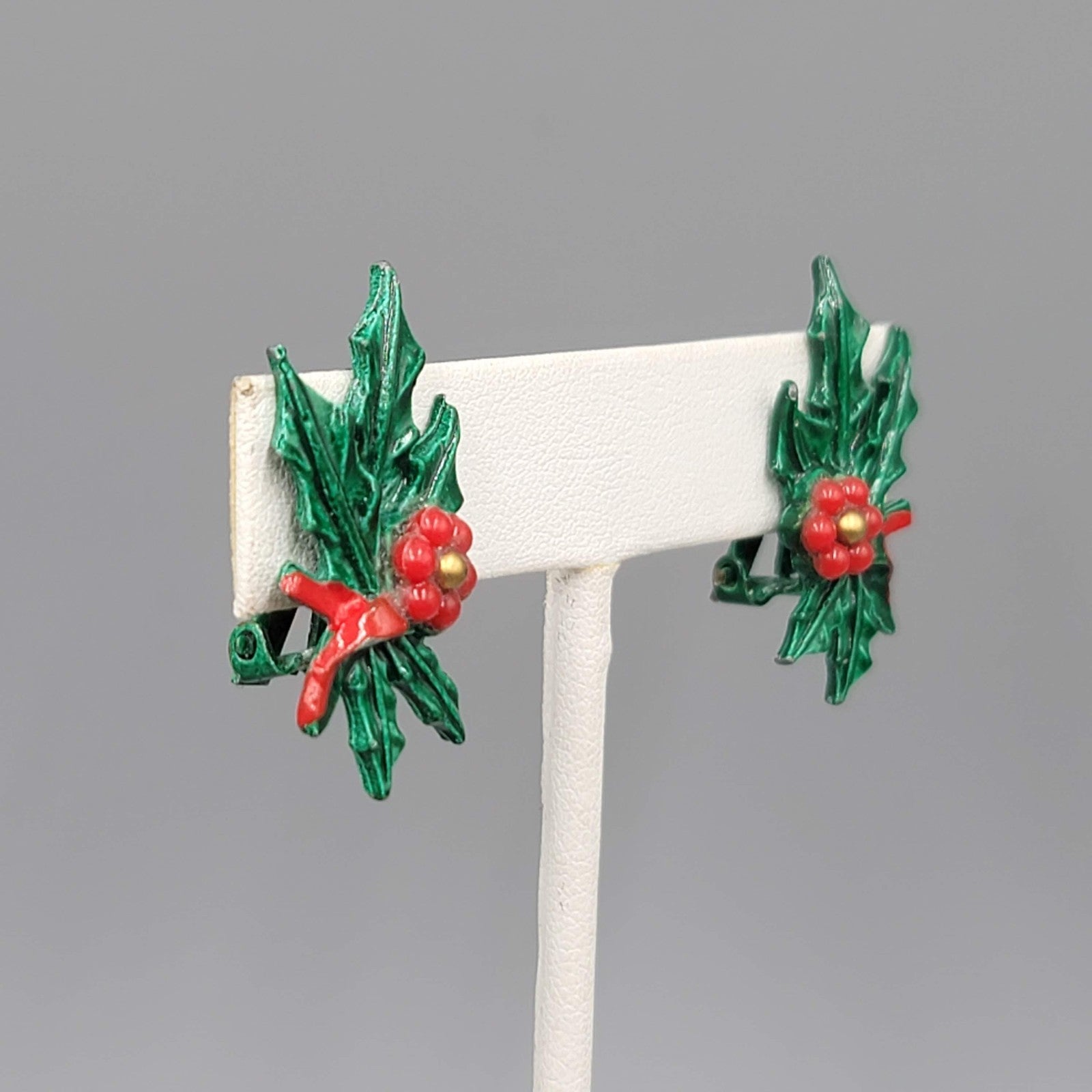 Vintage Enamel Holly Clip on Earrings Christmas Climber 1.25"