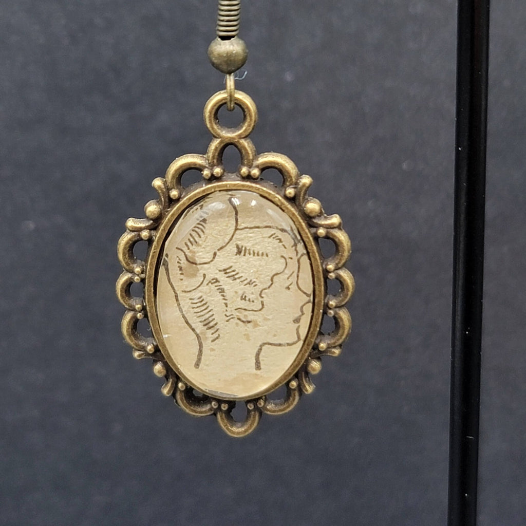Pierced Earrings Bronze tone Glass Cabochon Updo Ladies Antique Drawings 1.25"