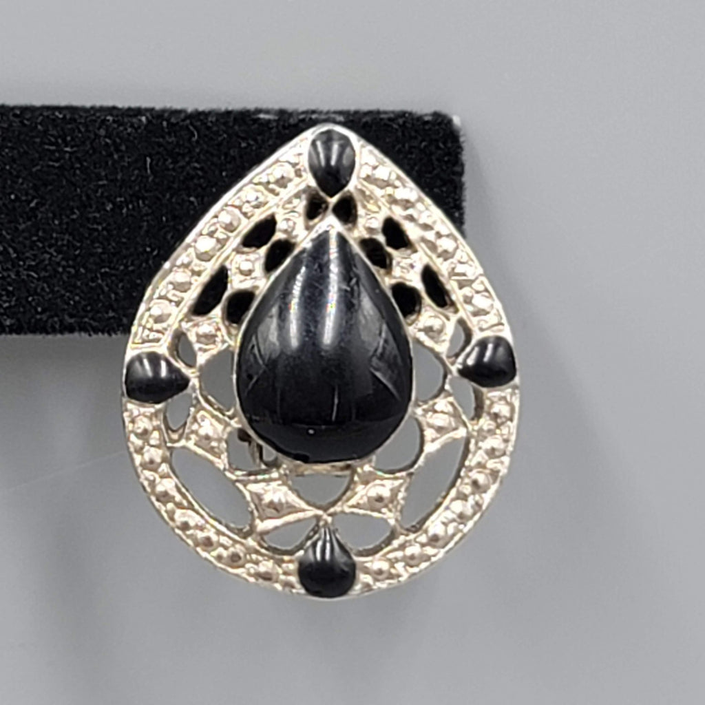 Vintage Teardrop Clip on Earrings Black Enamel Silver tone Drop 1 1/8"