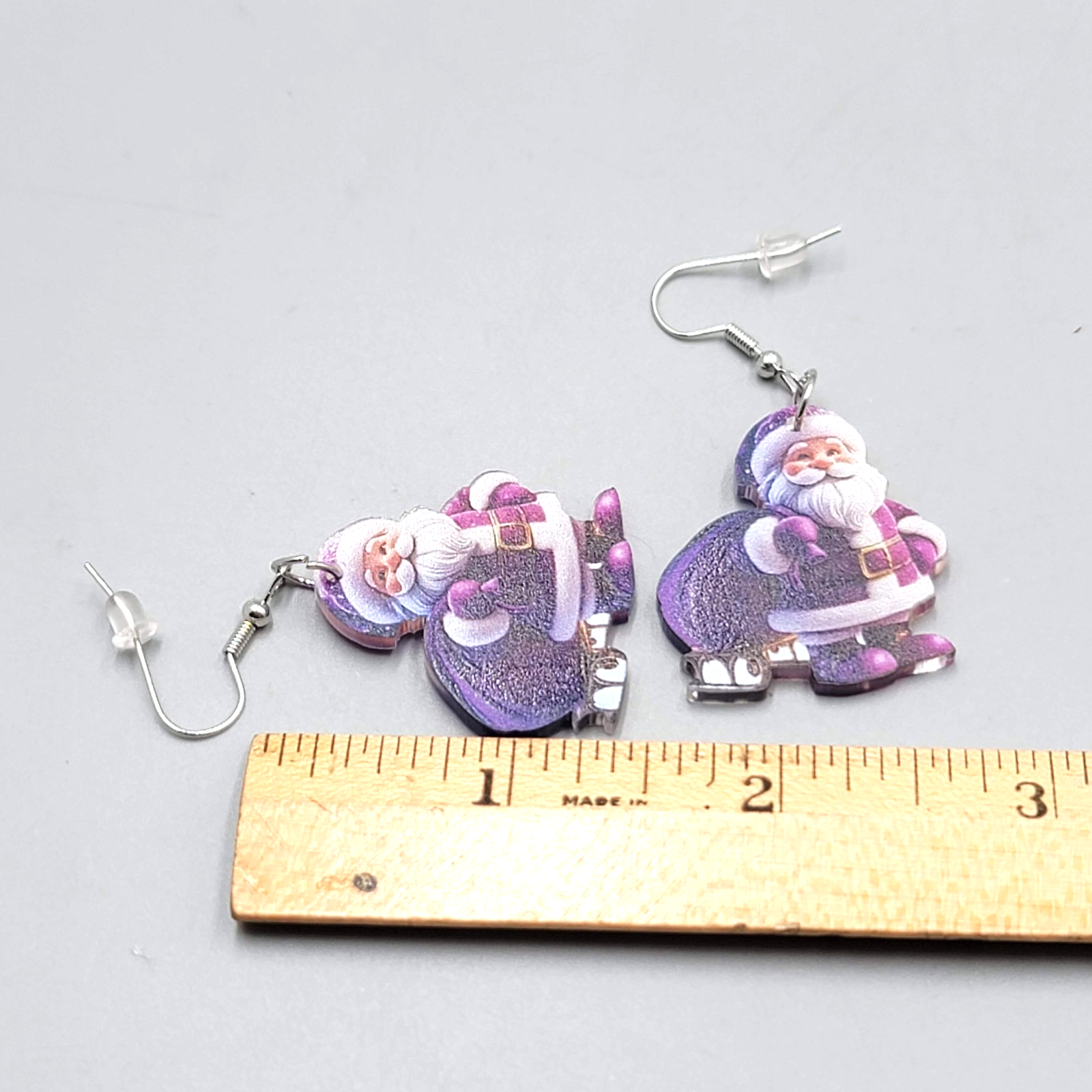 Christmas Santa Purple Bag Pierced Earrings Silver tone Dangle 1.25 in