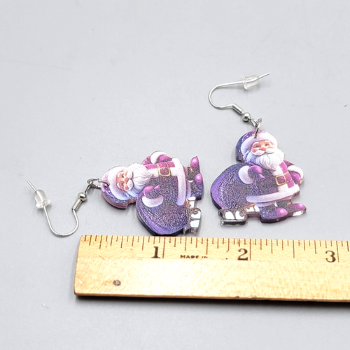 Christmas Santa Purple Bag Pierced Earrings Silver tone Dangle 1.25 in