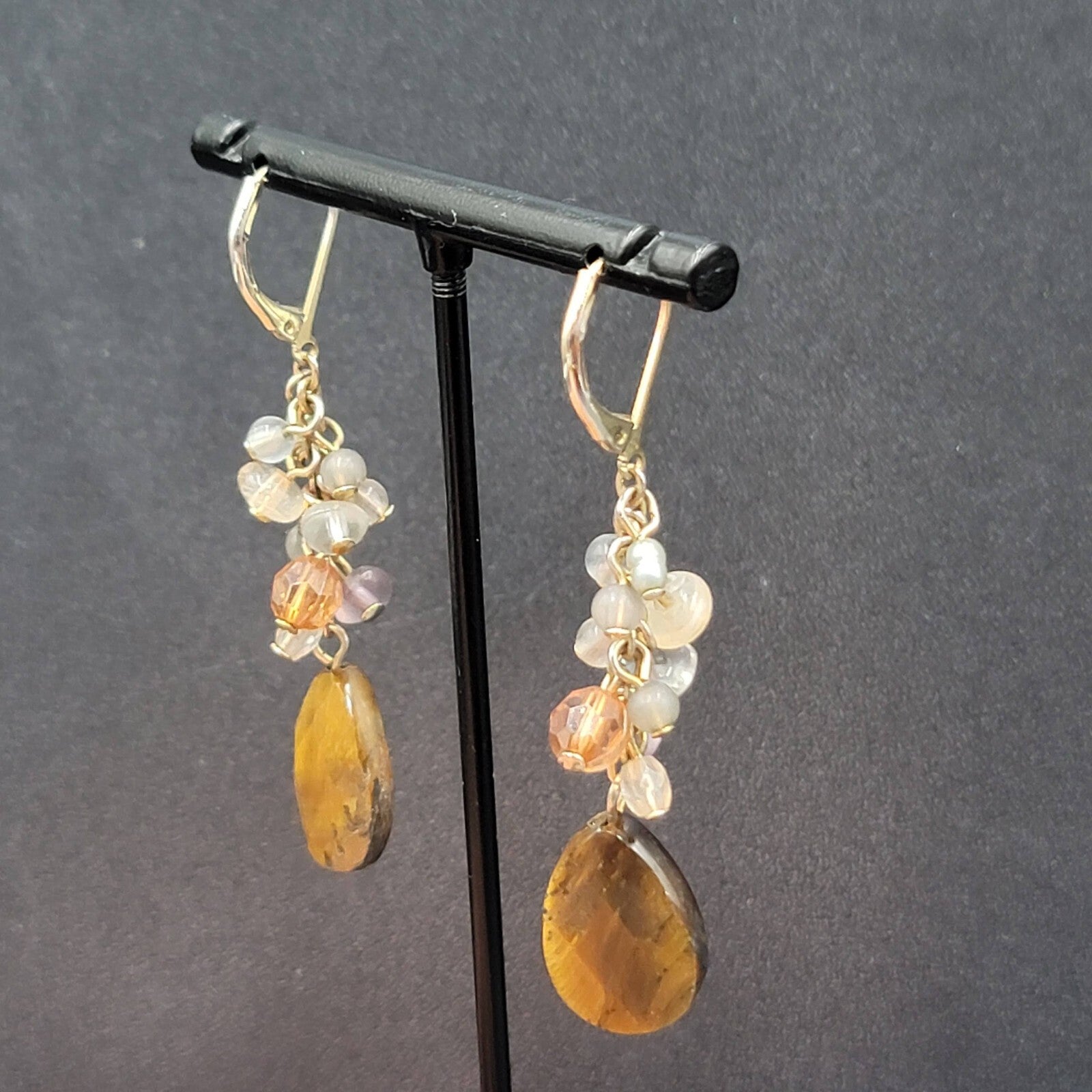 Pierced Earrings Silver tone Glass Bead Tigers Eye Teardrop 1.75"