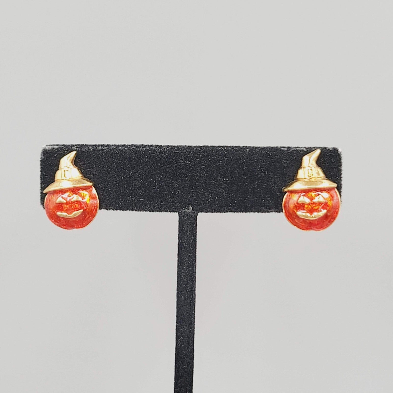 Avon Jack o Lantern Pierced Earrings Gold tone Orange Enamel Studs 5/8"