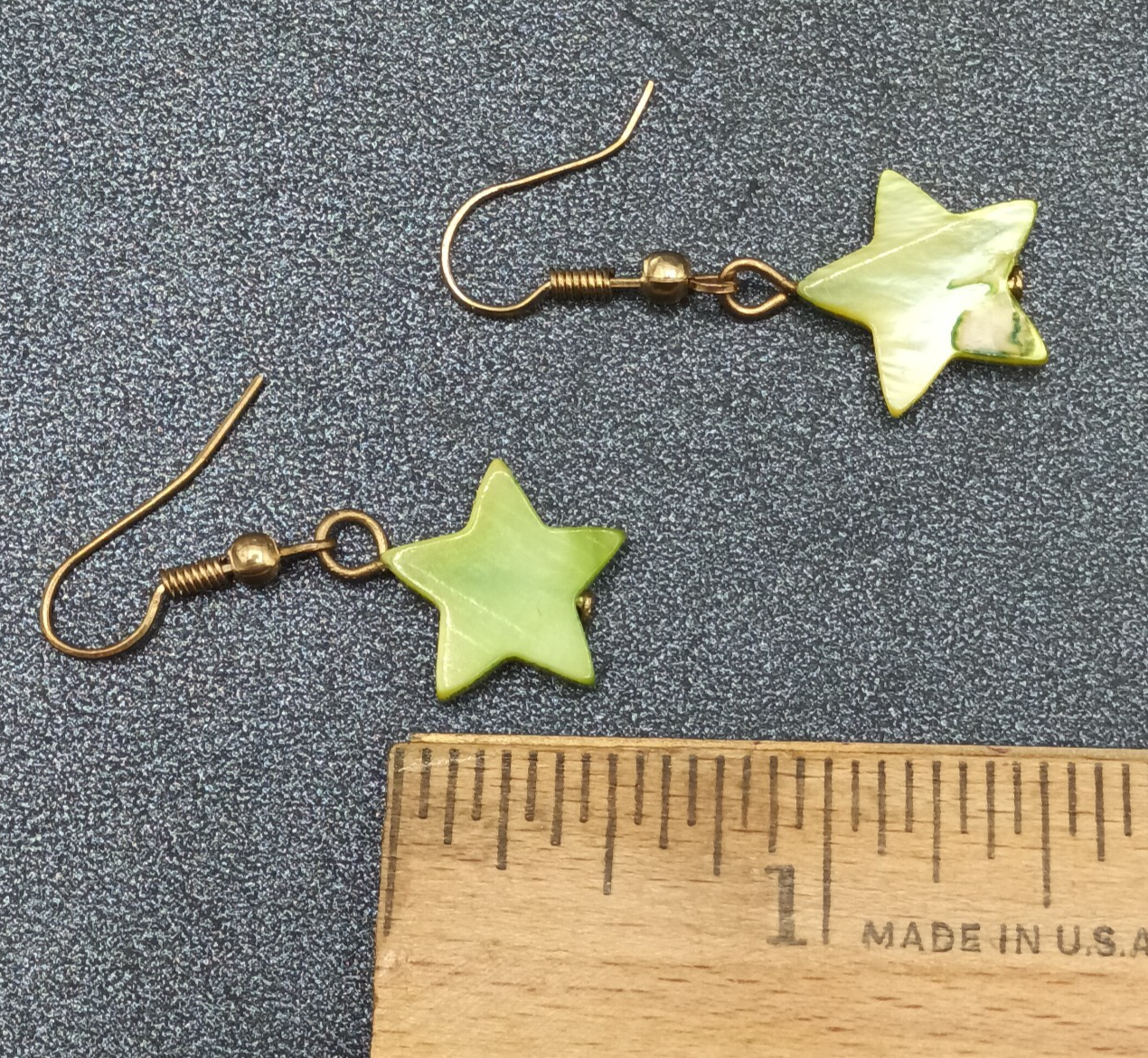 Pierced Earrings Gold tone Hook Green Dyed Shell Star Bead Dangle  5/8"