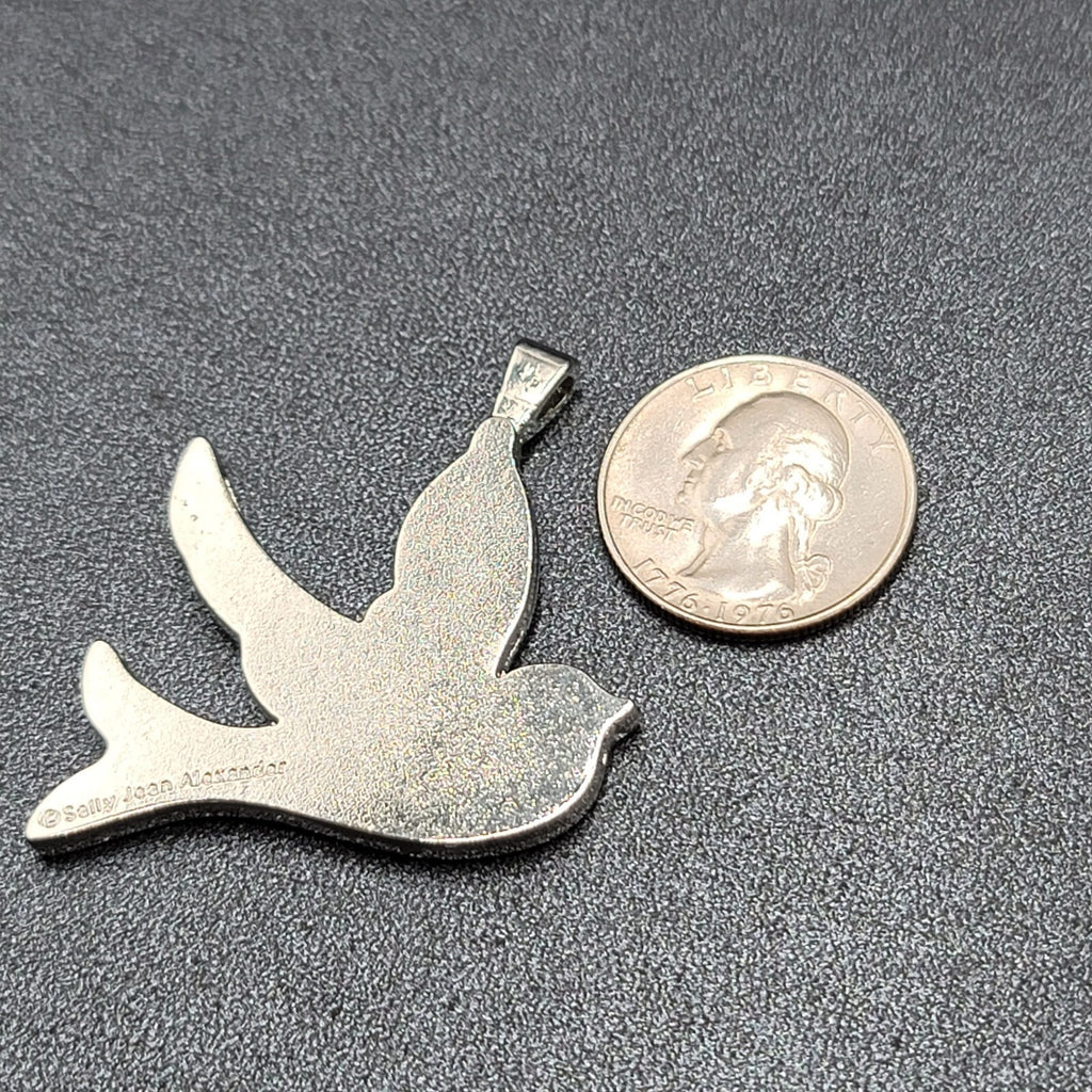 Sally Jean Alexander Pendant Only Dream Bird Collage Silver tone Rhinestone 2"