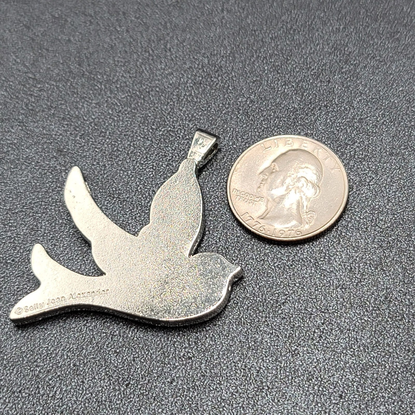 Sally Jean Alexander Pendant Only Dream Bird Collage Silver tone Rhinestone 2"