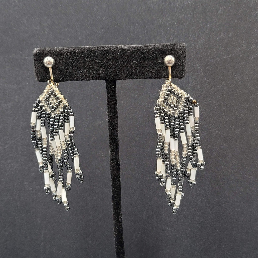 Vintage Clip on Earrings Seed Bead Weaved Dangle 2 3/8"