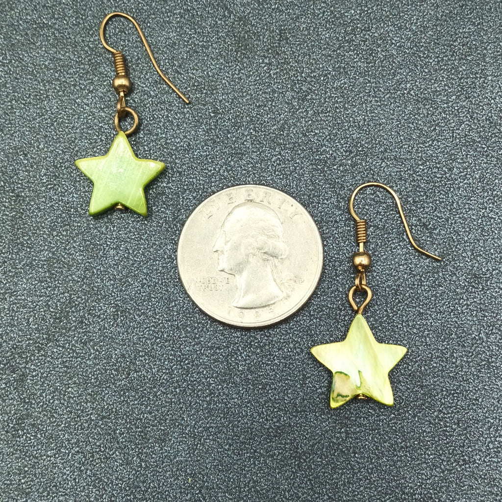 Pierced Earrings Gold tone Hook Green Dyed Shell Star Bead Dangle  5/8"