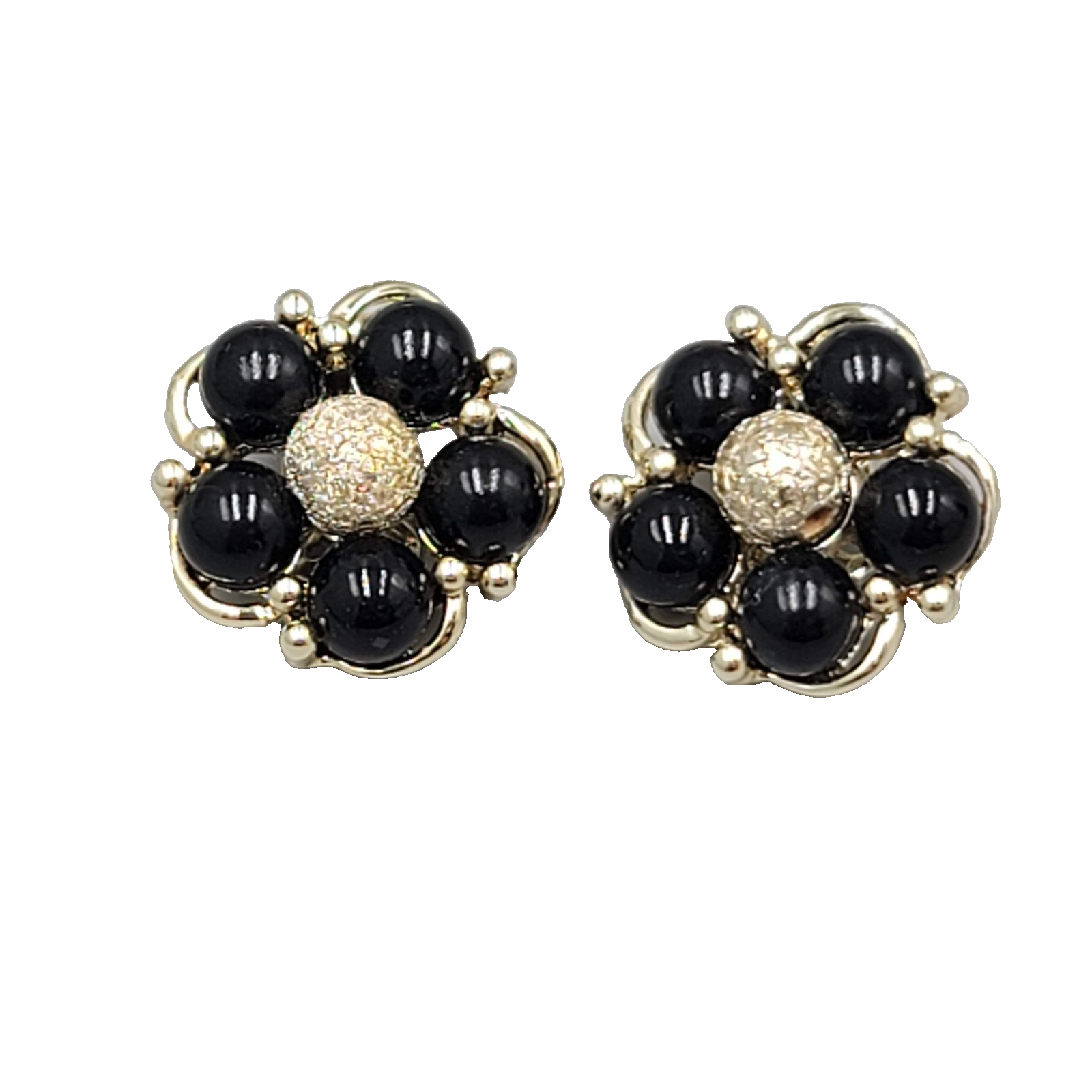 Vintage Gold tone Black Bead Flower Clip on Earrings 1"