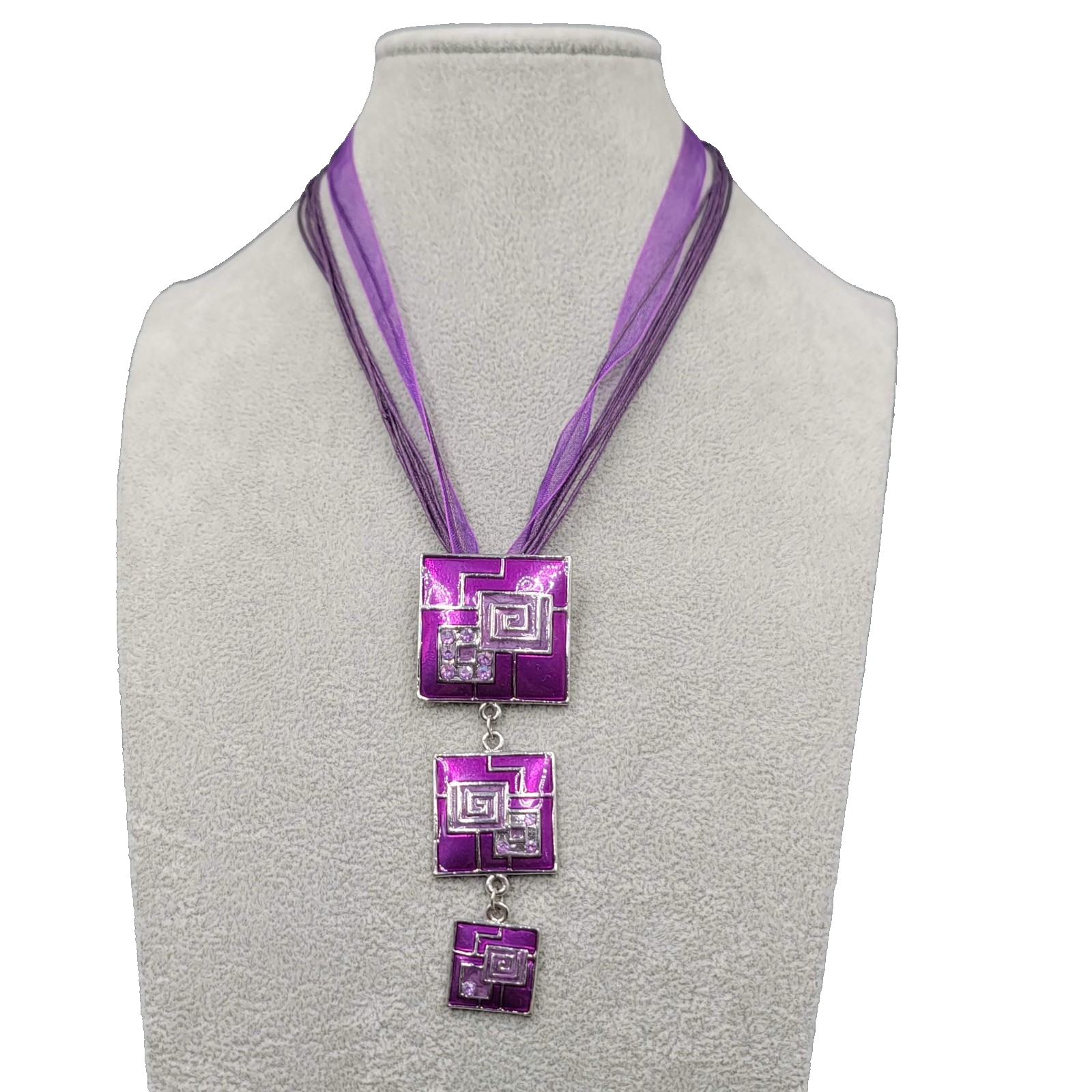 Purple Enamel Square Pendant Necklace Ribbon Cord Silver tone 16"-18"