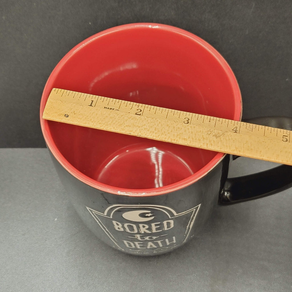 Bored to Death Coffee Mug Extra Black Embossed Dark Red Large 5.25"x4"