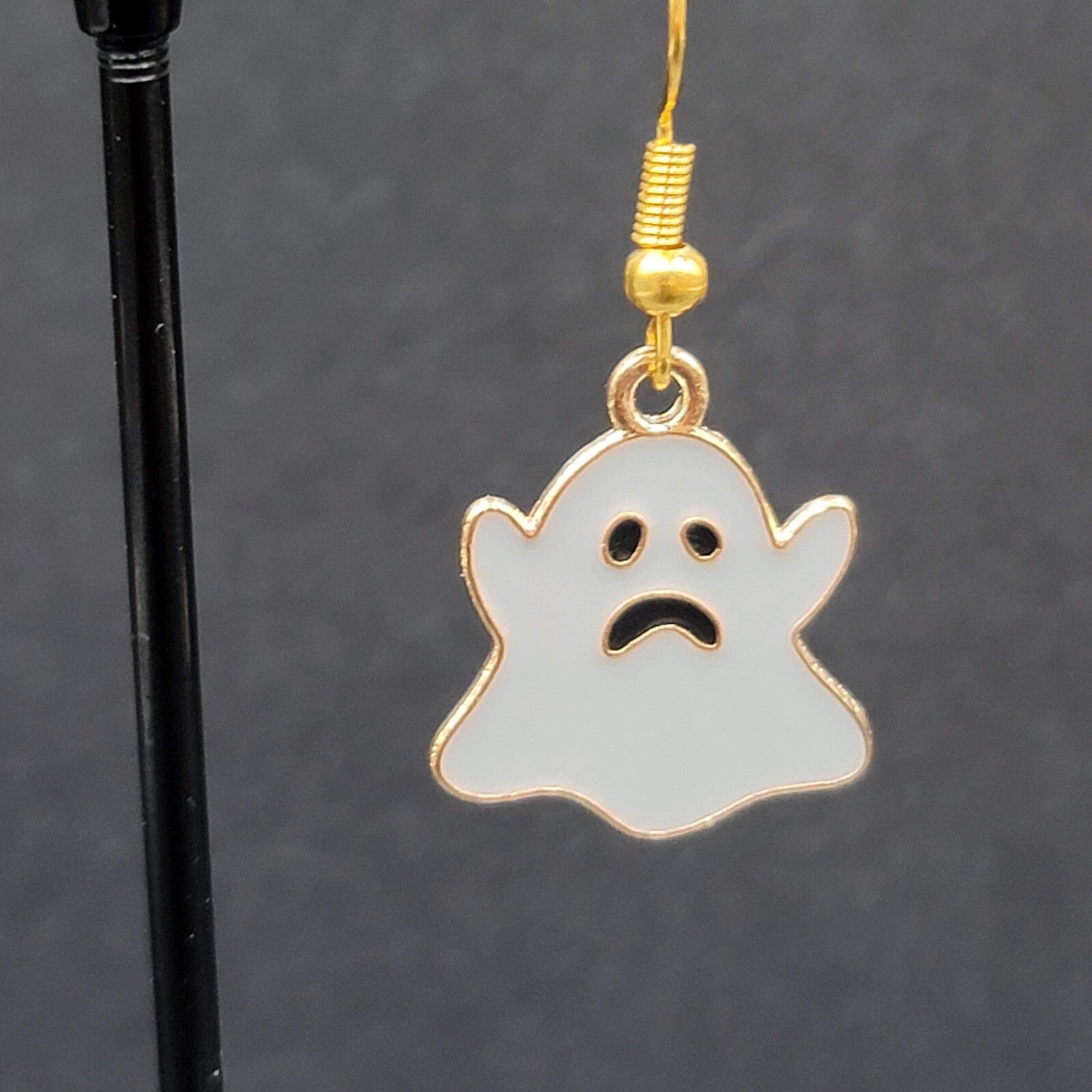 Halloween Sad Ghost Pierced Earrings Gold tone Gray Enamel Dangle 3/4"