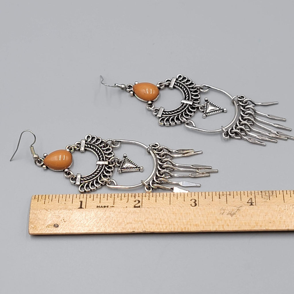 Boho Chandelier Pierced Earrings Silver tone Orange Accent 3 3/8"