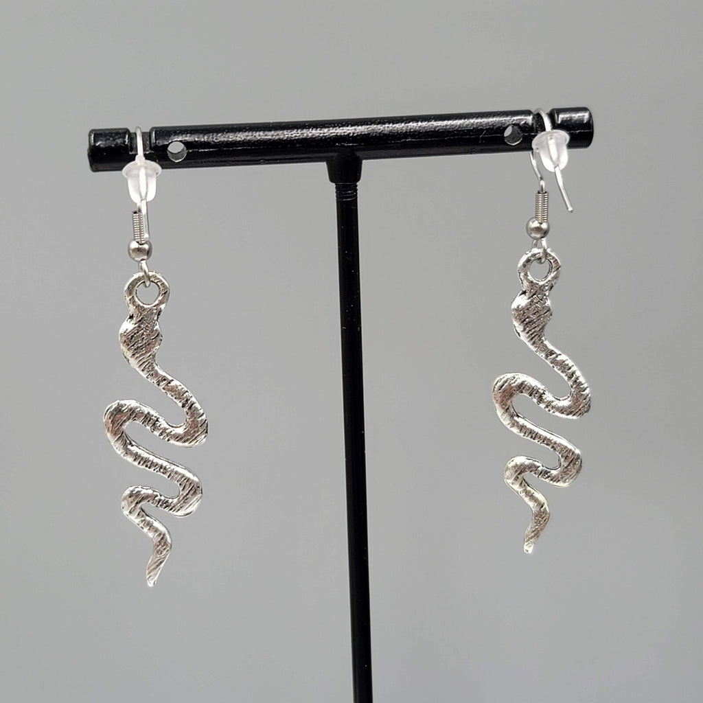 Snake Pierced Earrings Silver tone Embossed Dangle 1.5"