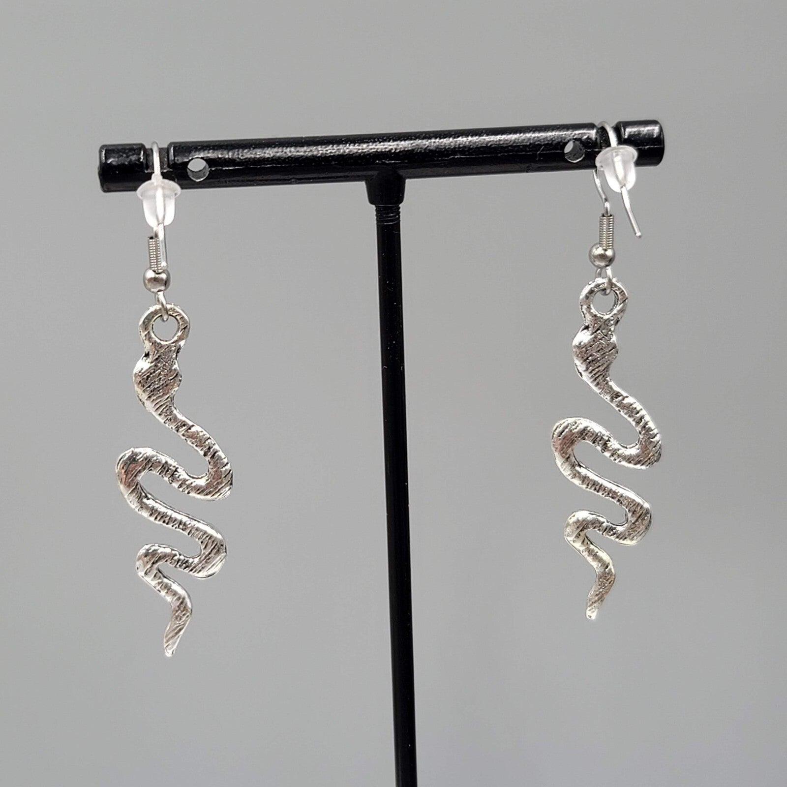 Snake Pierced Earrings Silver tone Embossed Dangle 1.5"