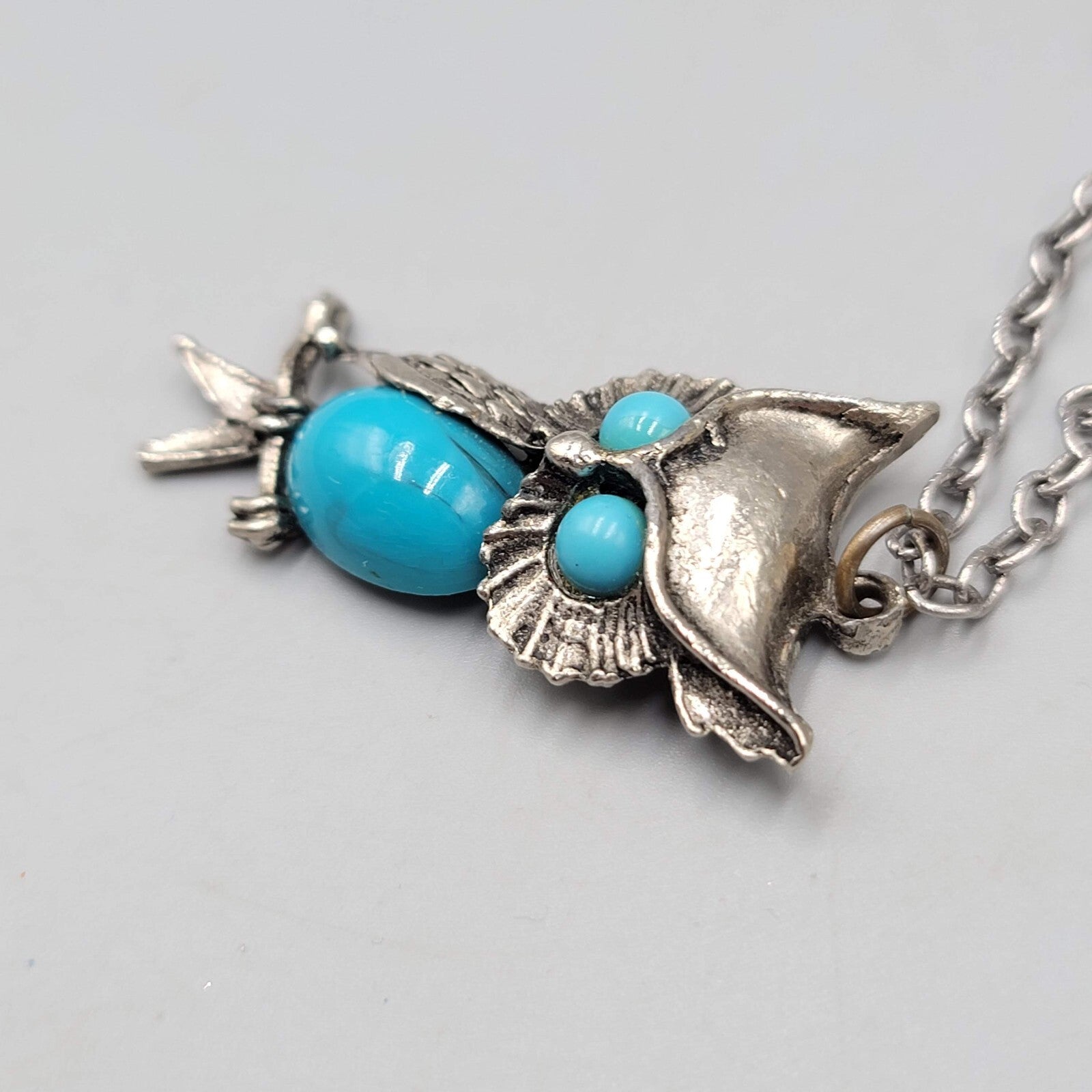 Vintage Owl Pendant Necklace Chain Silver tone Blue Cabochon Accents 24"