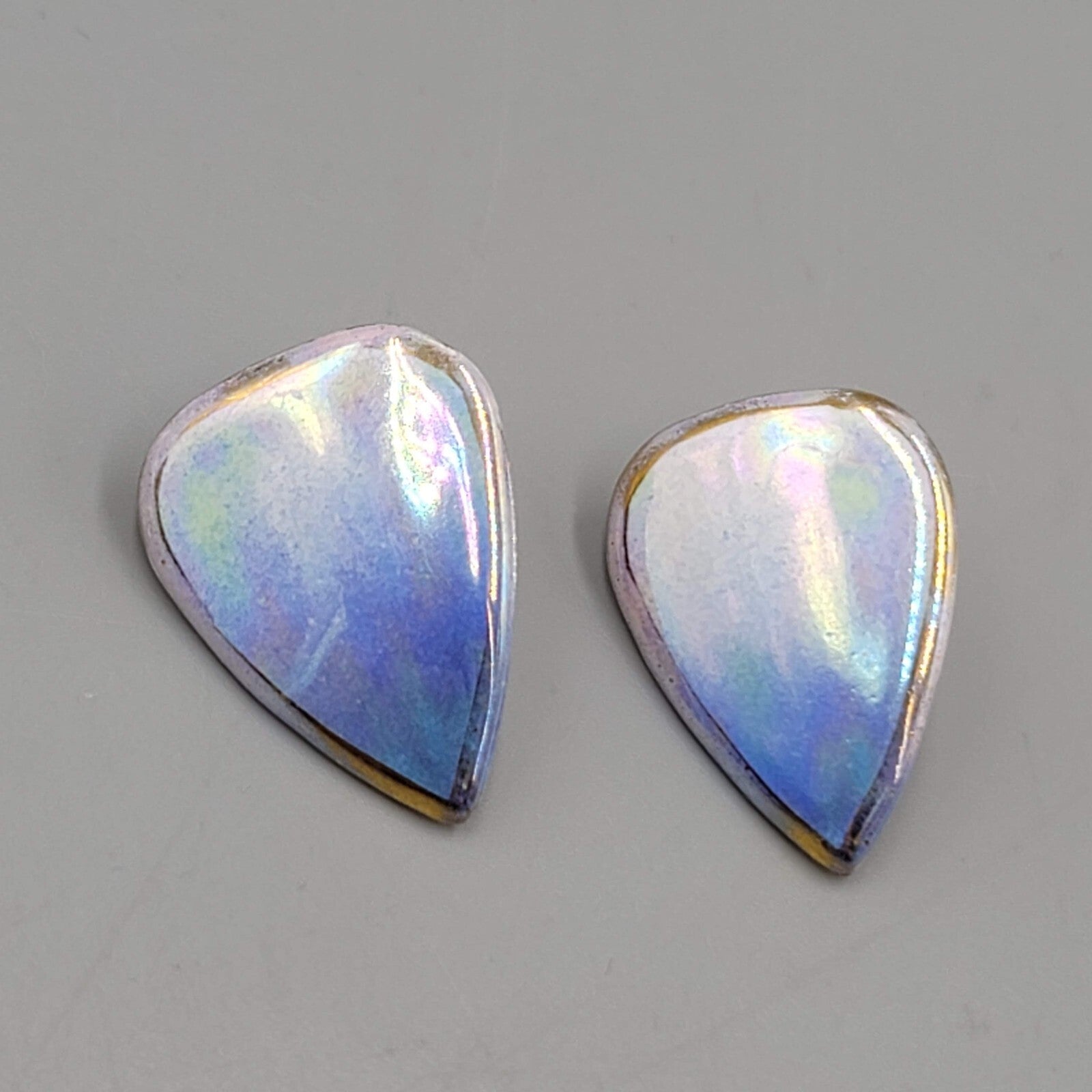 Vintage Ceramic Drop Pierced Earrings Blue Iridescent Enamel 1"