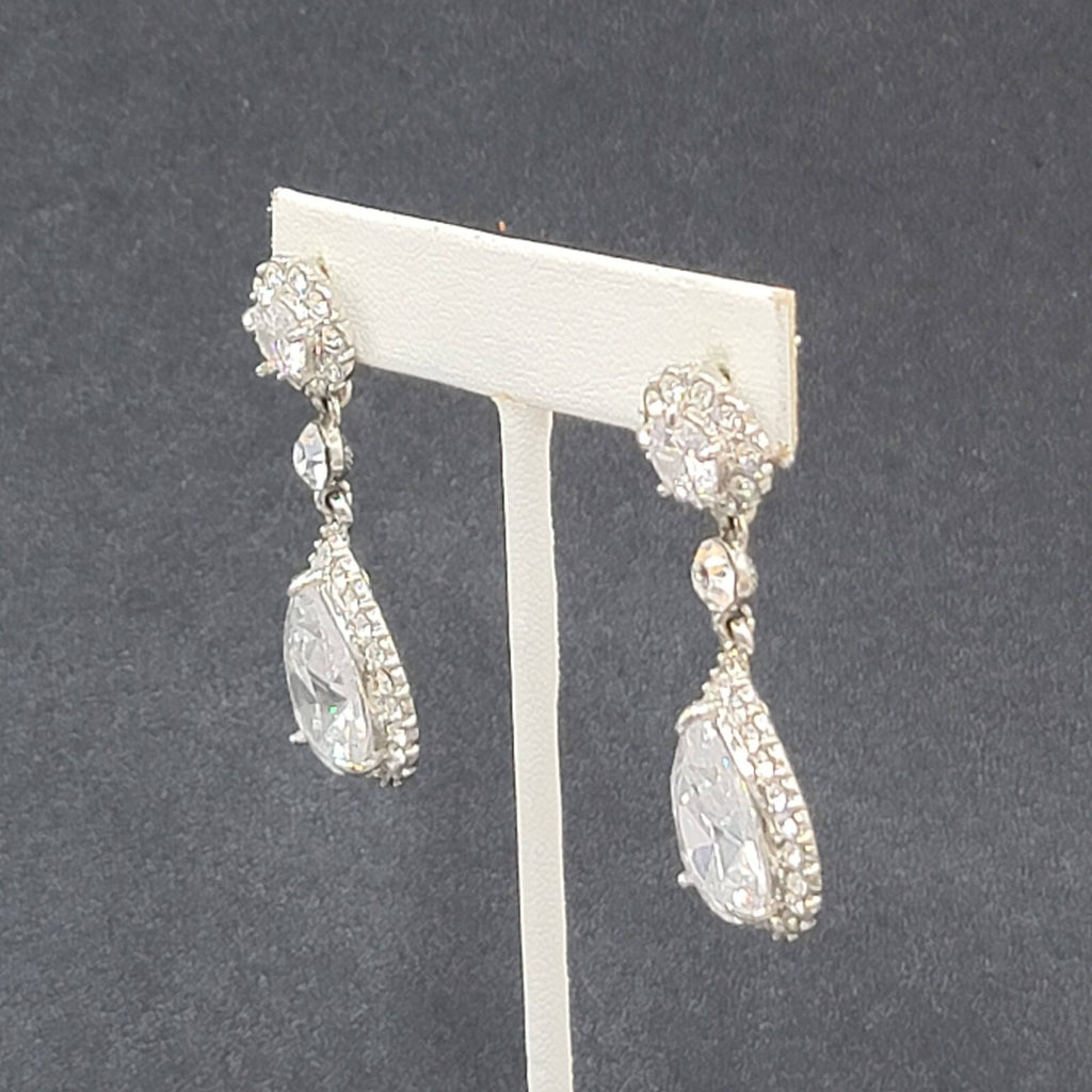 Pierced Earrings Silver tone Large Rhinestone Signed Wedding Prom Well Made 2"