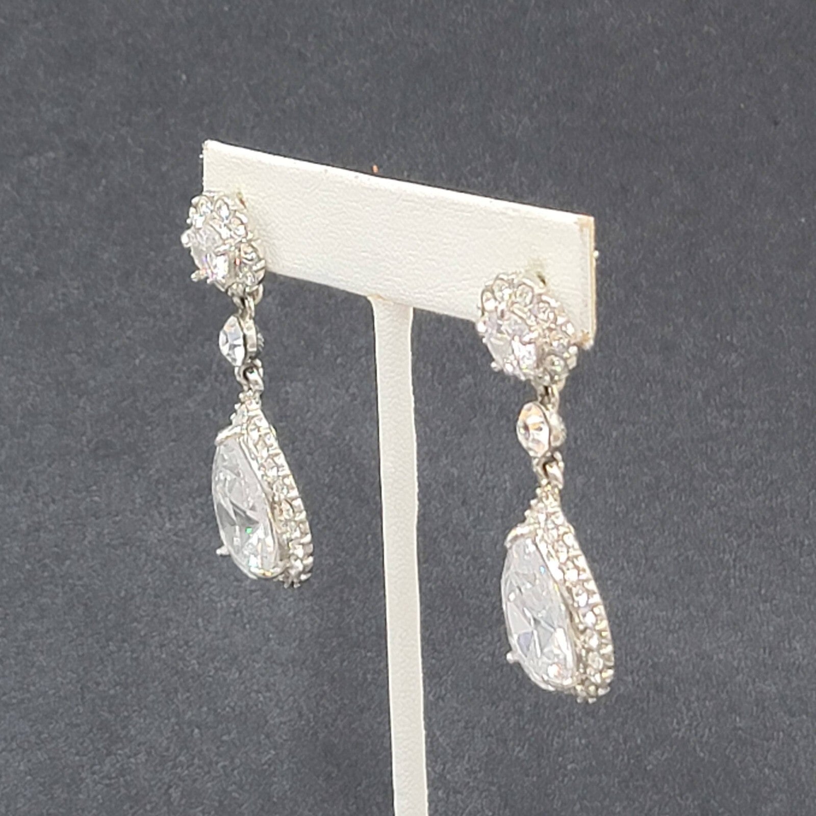 Pierced Earrings Silver tone Large Rhinestone Signed Wedding Prom Well Made 2"