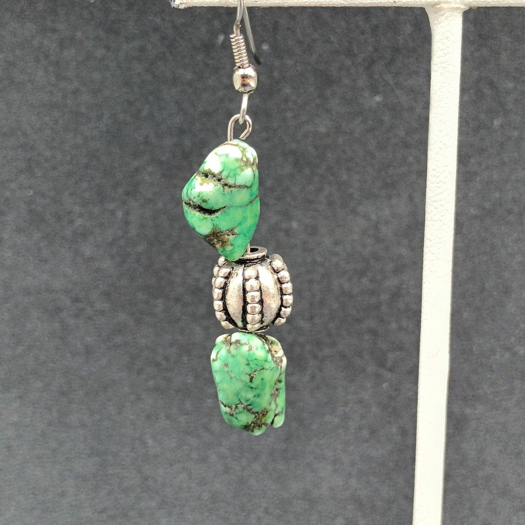 Pierced Earrings Silver tone Green Howlite Stone Beaded Statement Dangle 1 3/4"