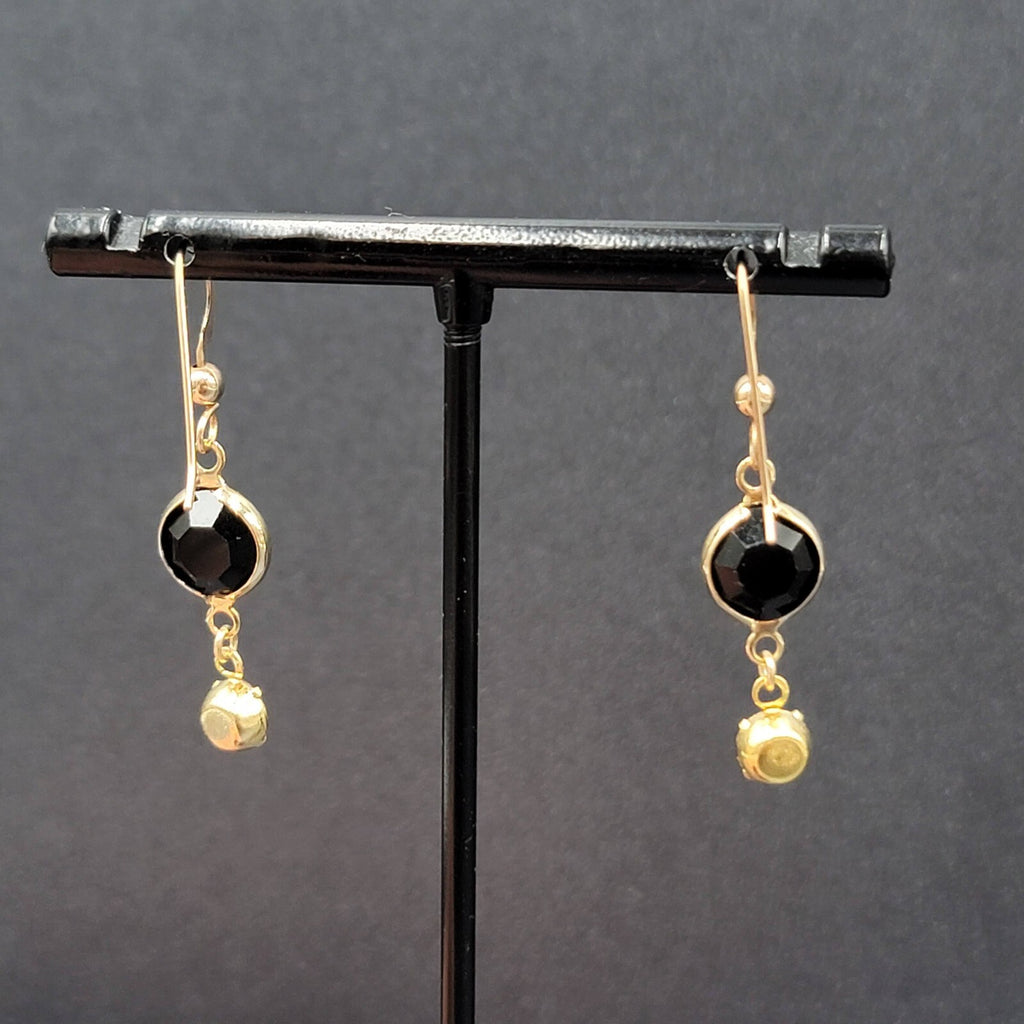 Pierced Earrings Gold tone Black Orange Rhinestone Dangle 1"