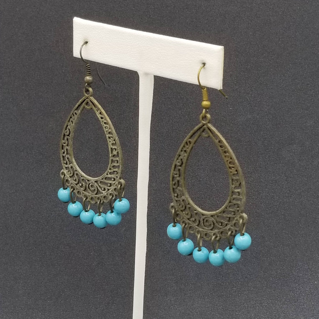 Pierced Earrings Bronze tone Chandelier Teardrop Blue Bead Dangle 2.25"