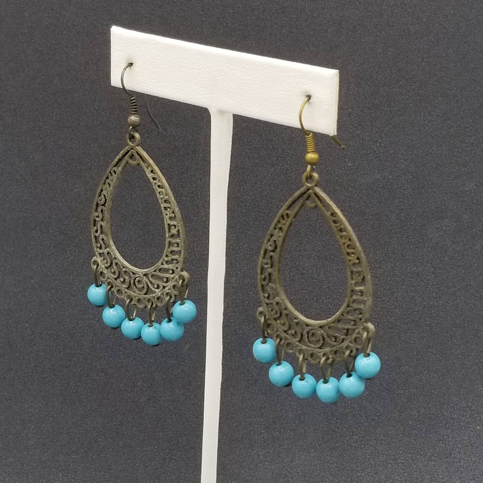 Pierced Earrings Bronze tone Chandelier Teardrop Blue Bead Dangle 2.25"