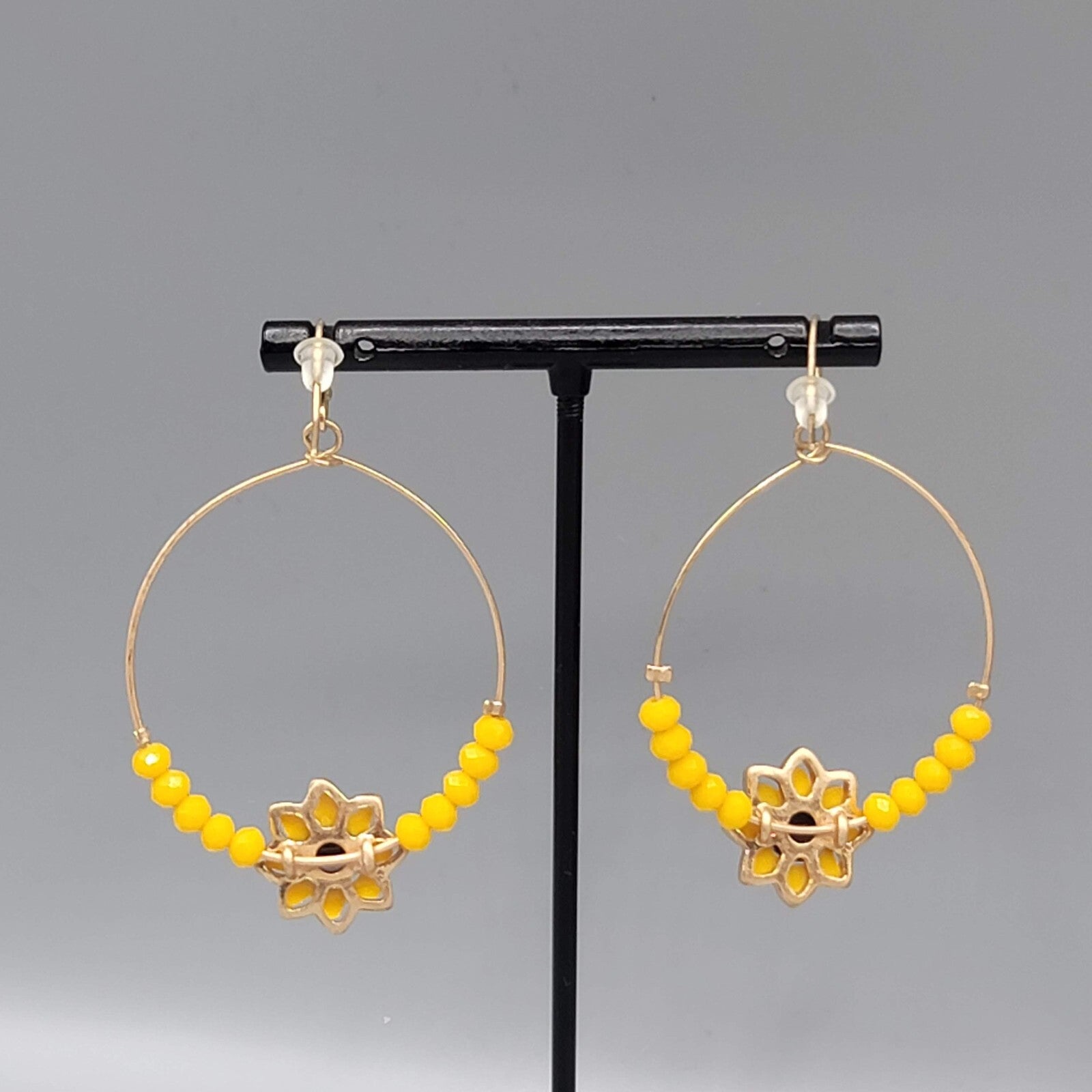 Sunflower Pierced Earrings Gold tone Yellow Bead Dangle hoops 2"