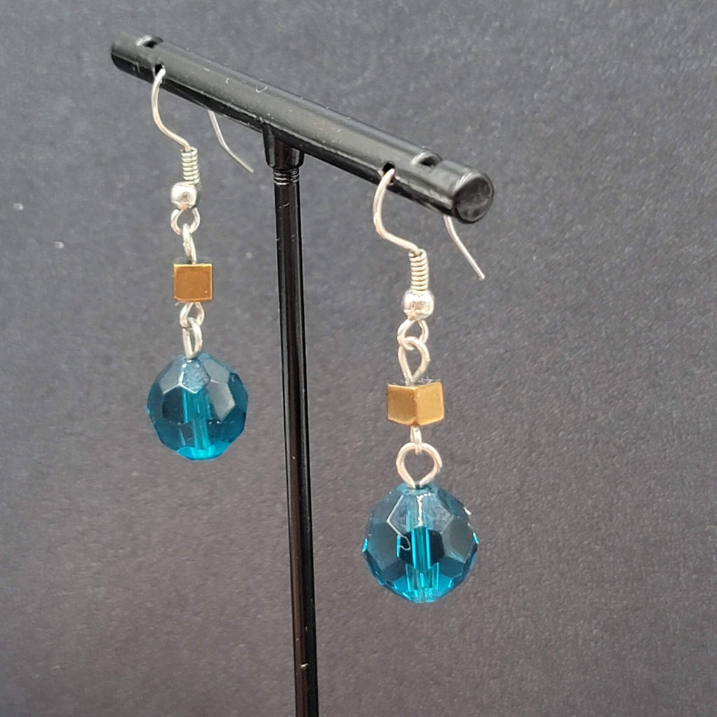 Pierced Earrings 1" Silver tone Blue Bead Copper Square Dangle 1"