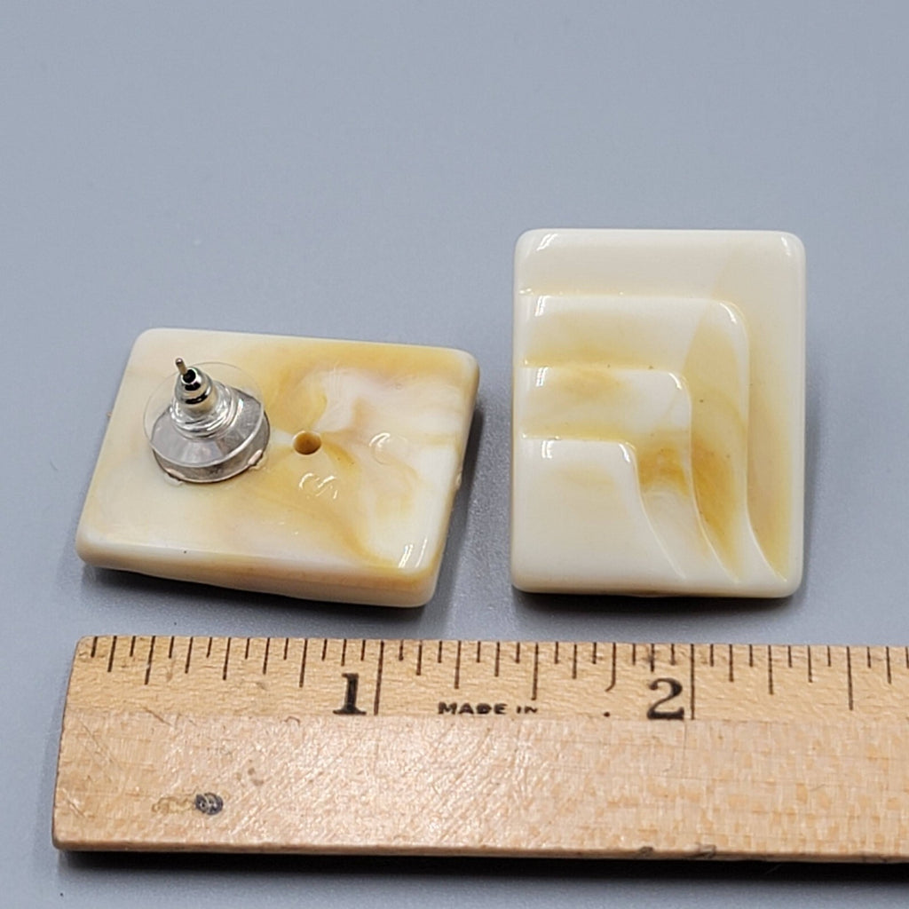 Vintage Pierced Earrings Acrylic Rectangle Drop Beige Tan Swirl 1.25"