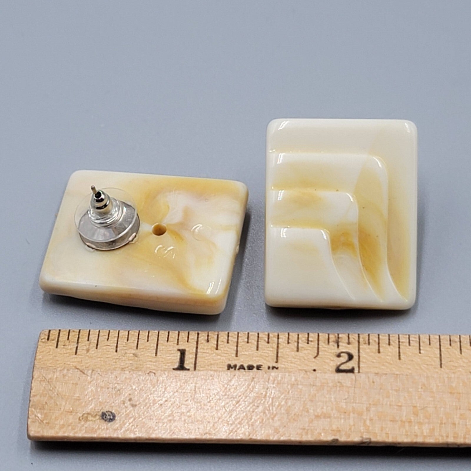 Vintage Pierced Earrings Acrylic Rectangle Drop Beige Tan Swirl 1.25"