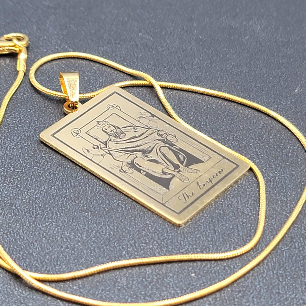 The EMPEROR Tarot Card Pendant Necklace Major Arcana Gold tone 18”.