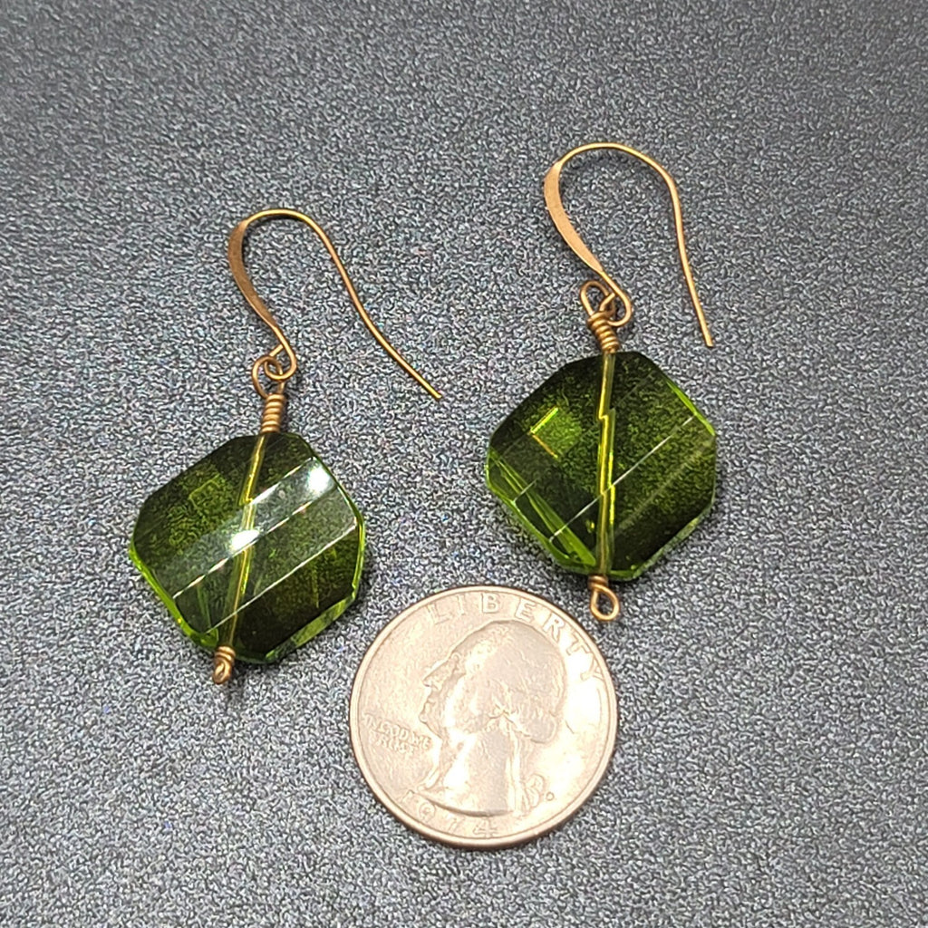 Pierced Earrings Copper tone Green Art Glass Faceted Bead 1.25"