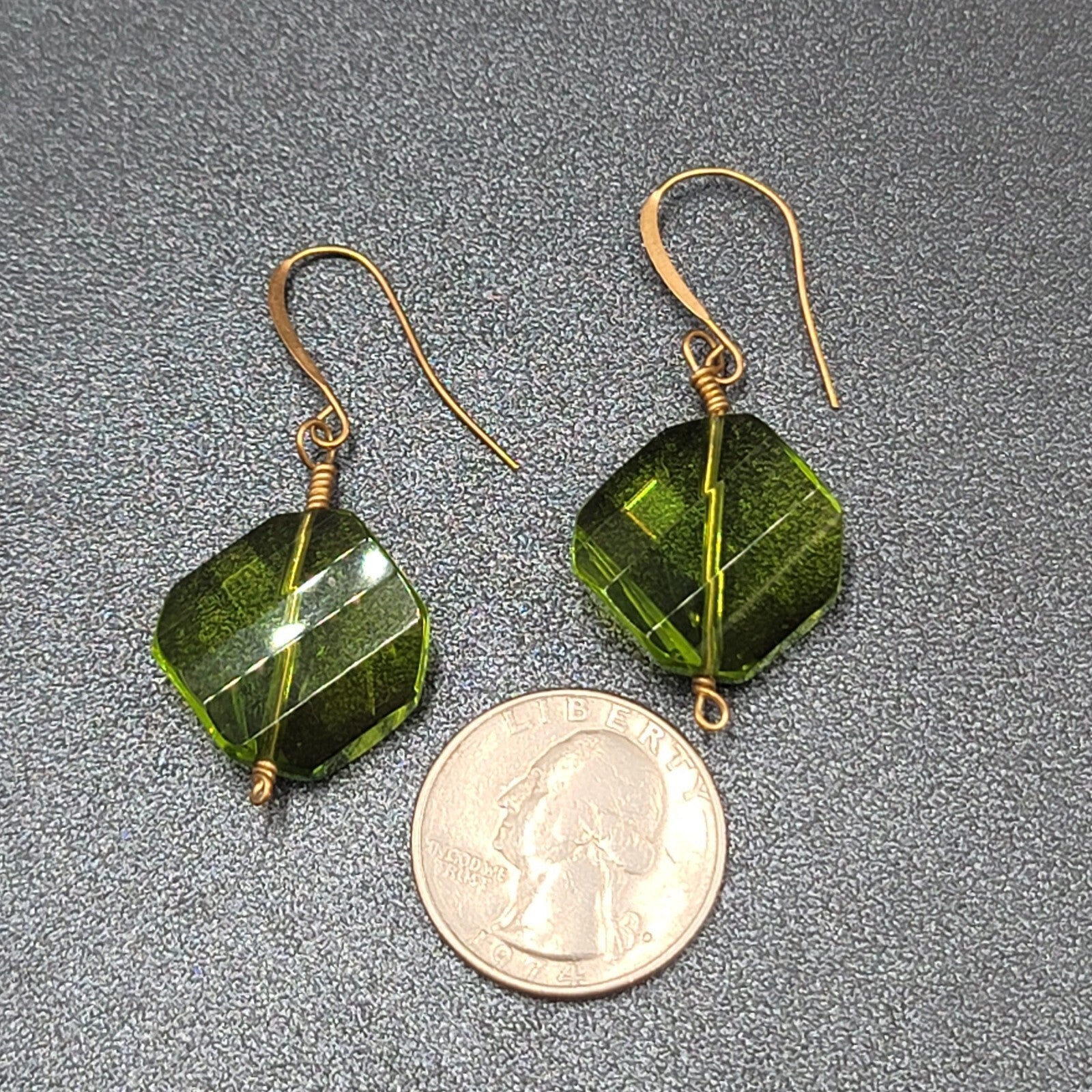 Pierced Earrings Copper tone Green Art Glass Faceted Bead 1.25"