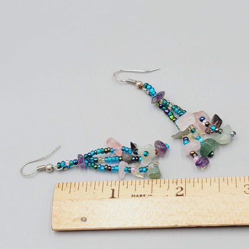 Bohemian Dangle Pierced Earrings Gemstone Chips Seed Bead Silver tone 1.75"