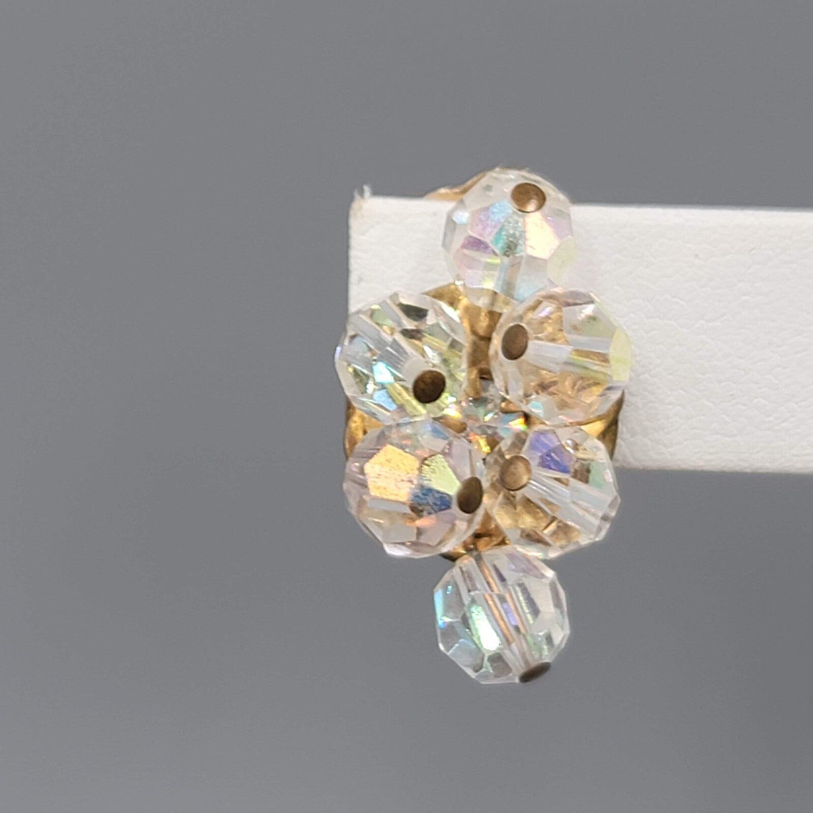 Vintage AB Bead Clip on Earrings Aurora Borealis Gold tone 1"